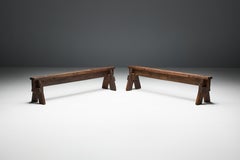 19th Century French Brutalist Benches in Dark Wood, Folk Art Style