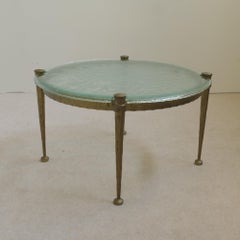 brutalist forged coffee table with aquamarin glass in style of Lothar Klute