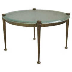 brutalist forged coffee table with aquamarin glass in style of Lothar Klute