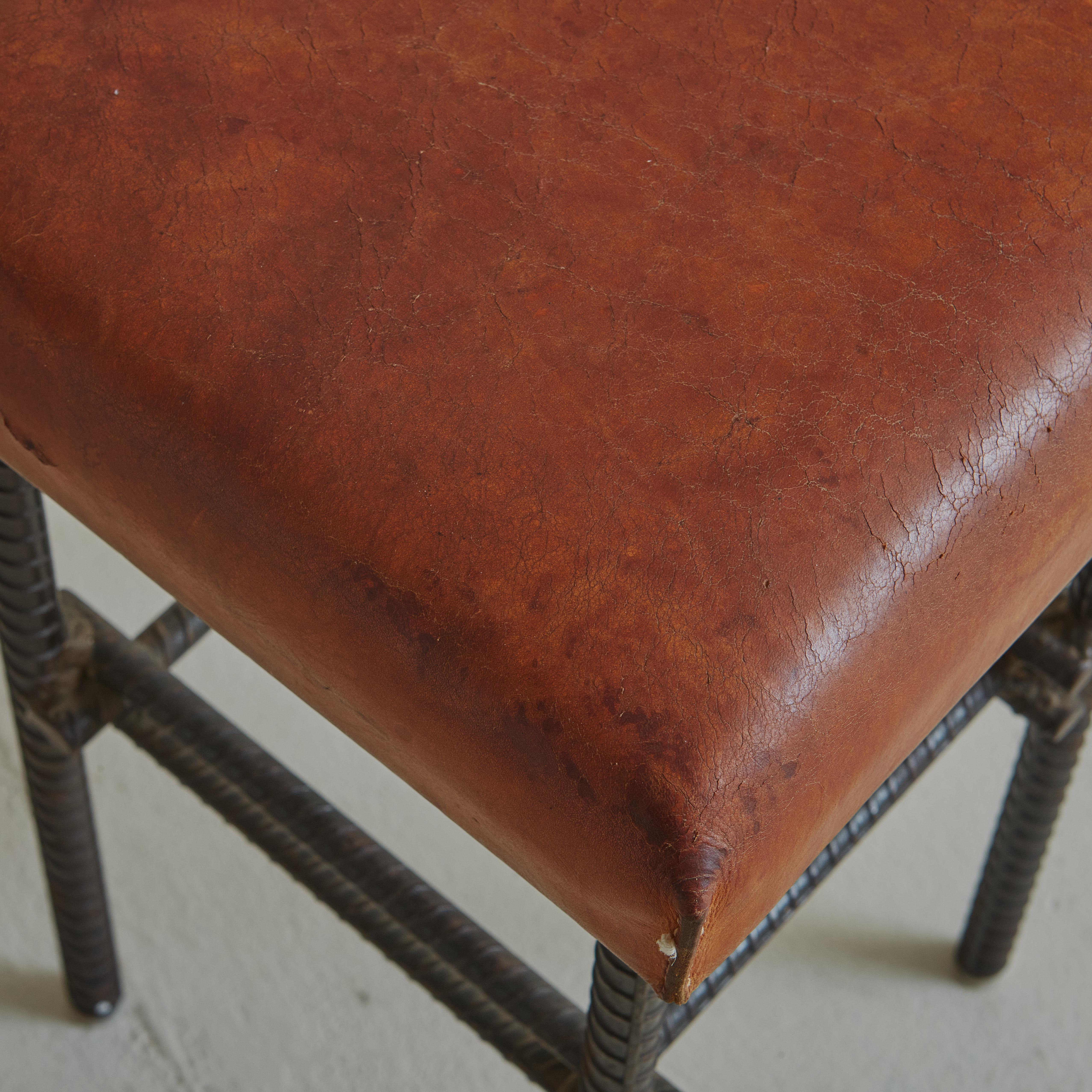 French Brutalist Forged Iron + Cognac Leather Stool, France 1960s For Sale