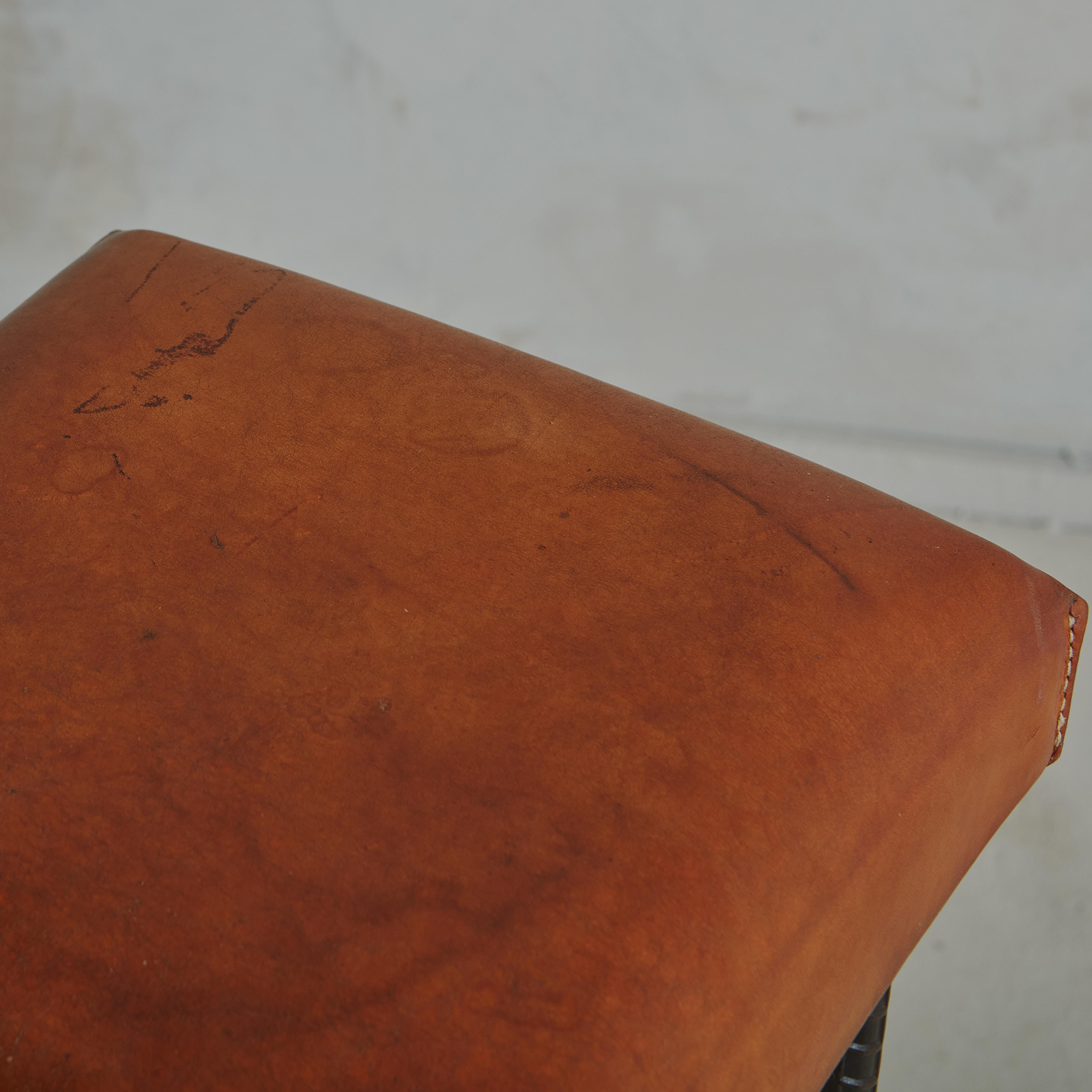 Brutalist Forged Iron + Cognac Leather Stool, France 1960s In Good Condition For Sale In Chicago, IL