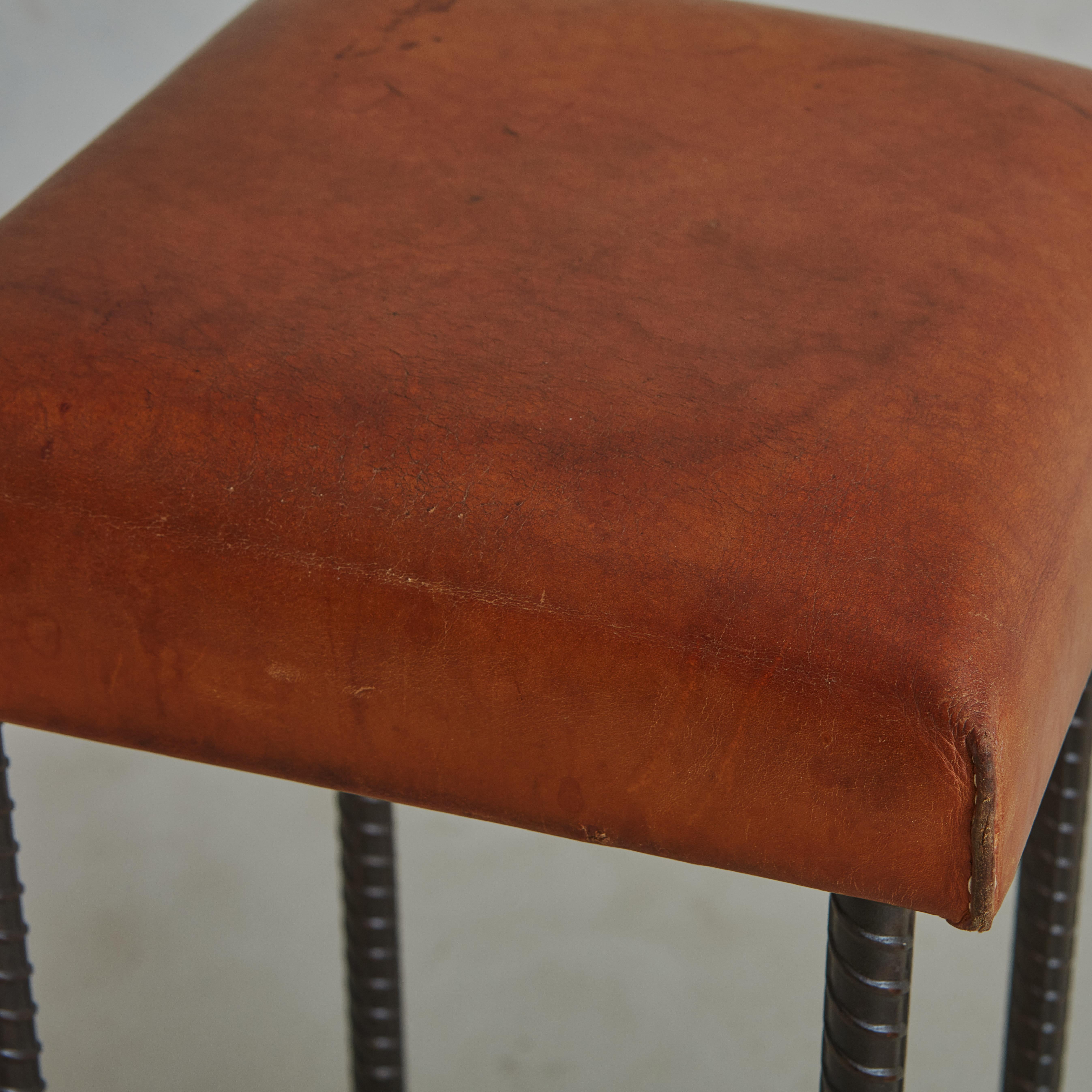 Mid-20th Century Brutalist Forged Iron + Cognac Leather Stool, France 1960s For Sale