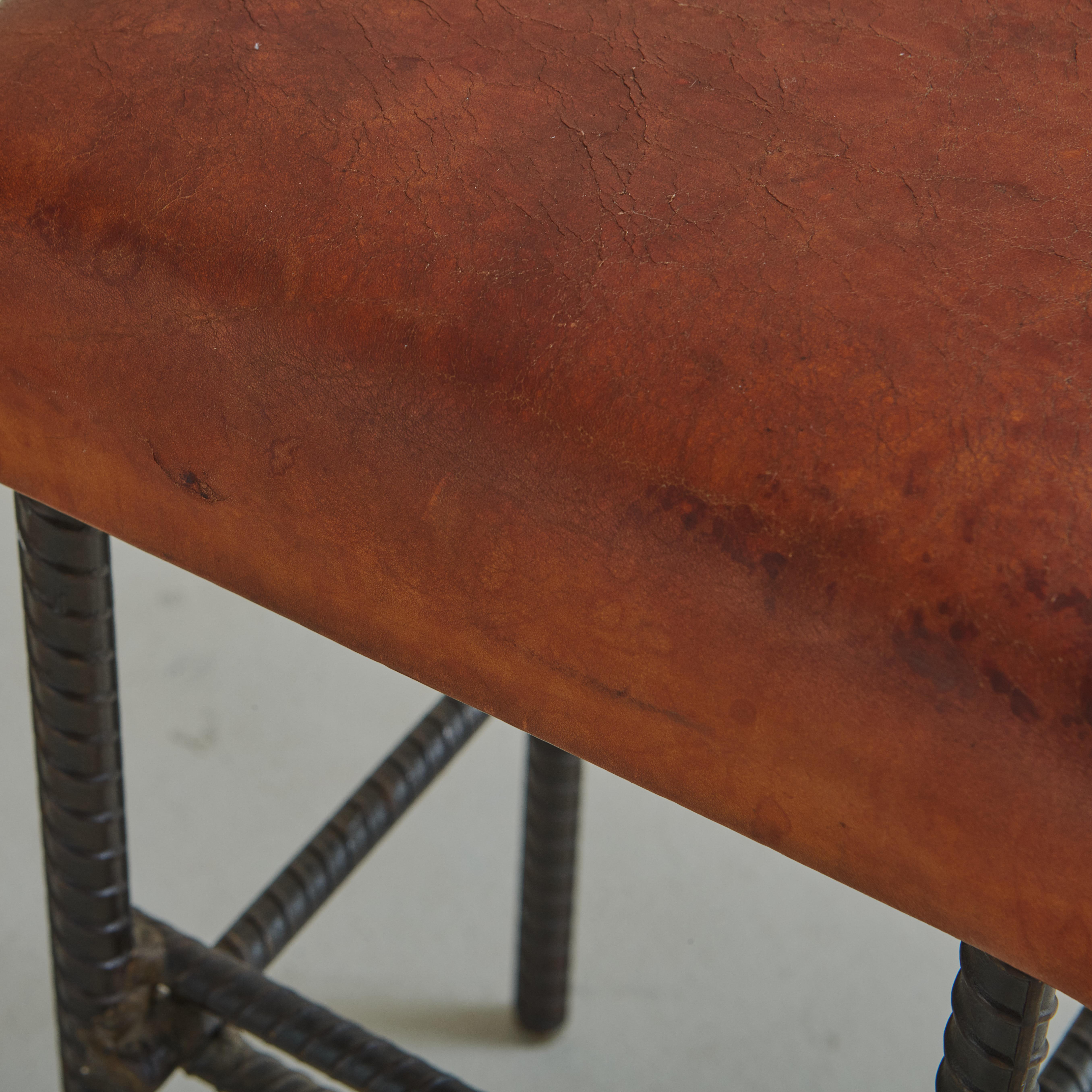Brutalist Forged Iron + Cognac Leather Stool, France 1960s For Sale 2