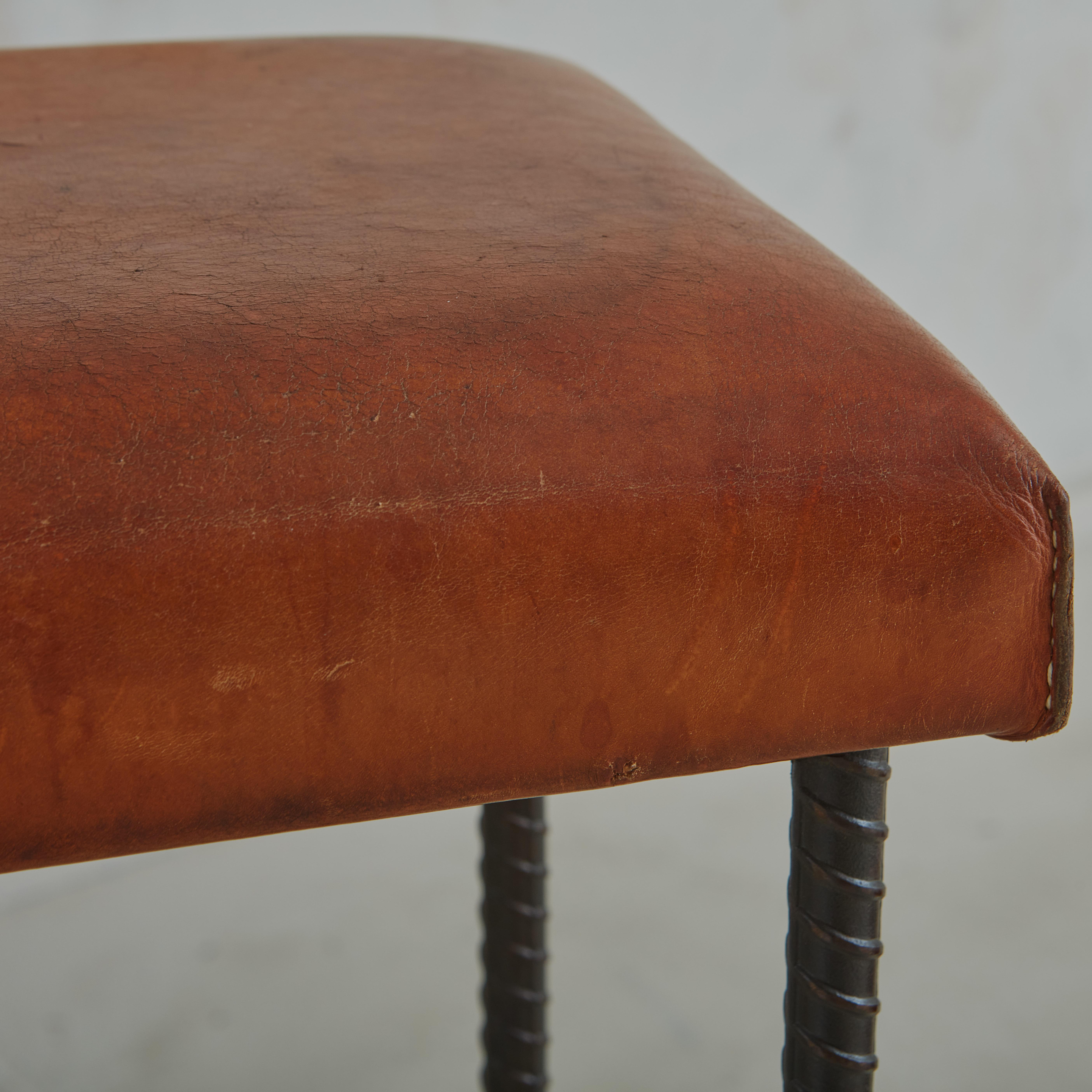 Brutalist Forged Iron + Cognac Leather Stool, France 1960s For Sale 4