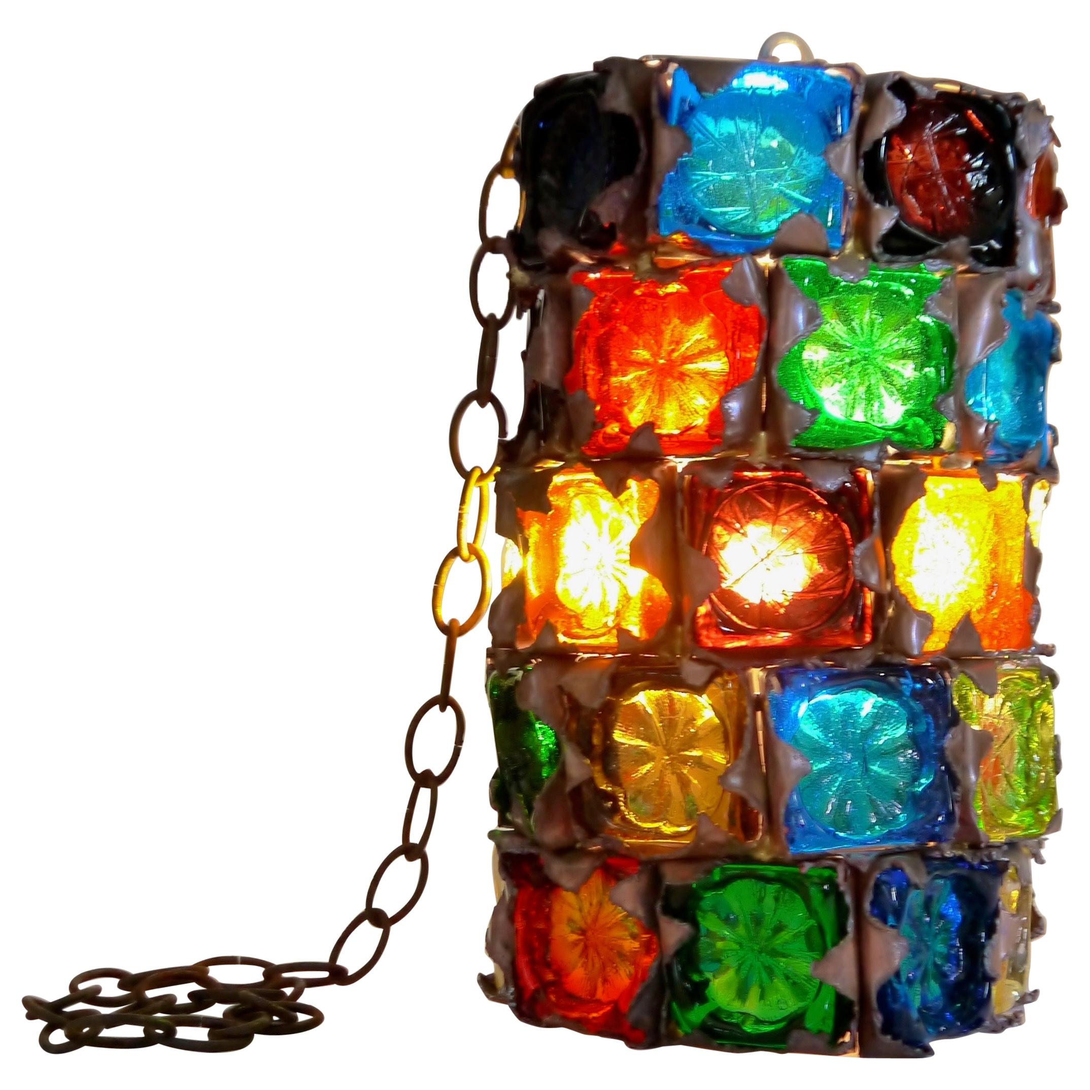 Brutalist Forged Metal Stained Glass Lamp by Felipe Derflingher, Mexico, 1970s