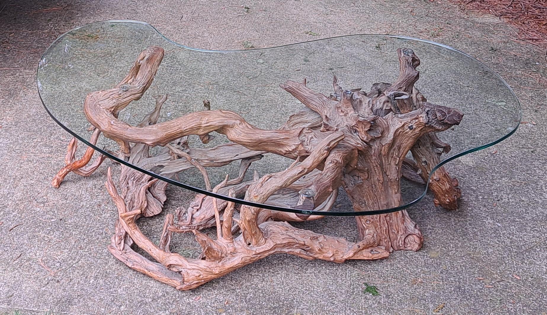 Burl wood free form root coffee table with custom cut kidney shaped glass top. Beautiful natural free form design is one of a kind.