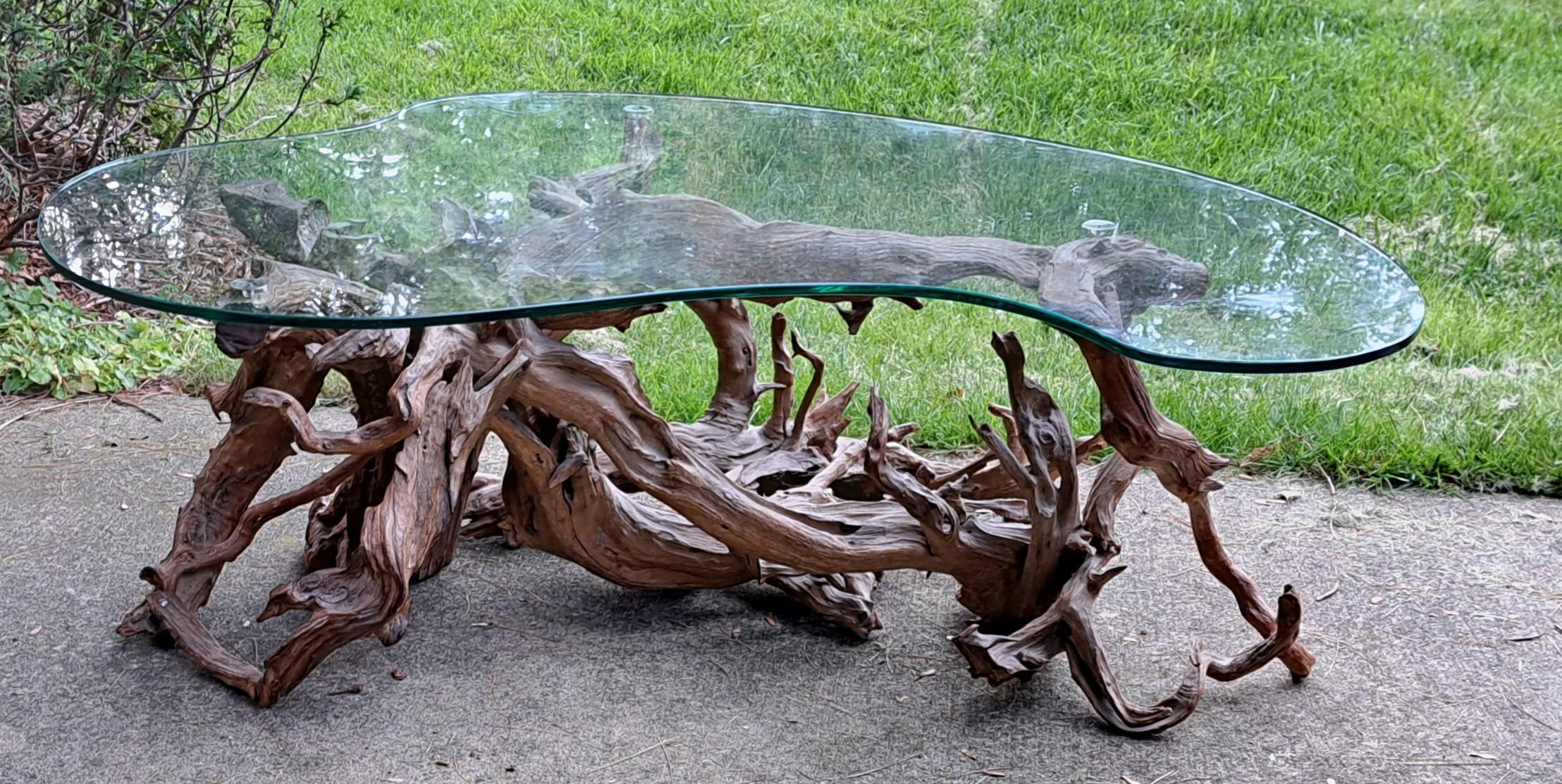 American Brutalist Free Form Burlwood Root Coffee Table with Custom Cut Glass Top For Sale