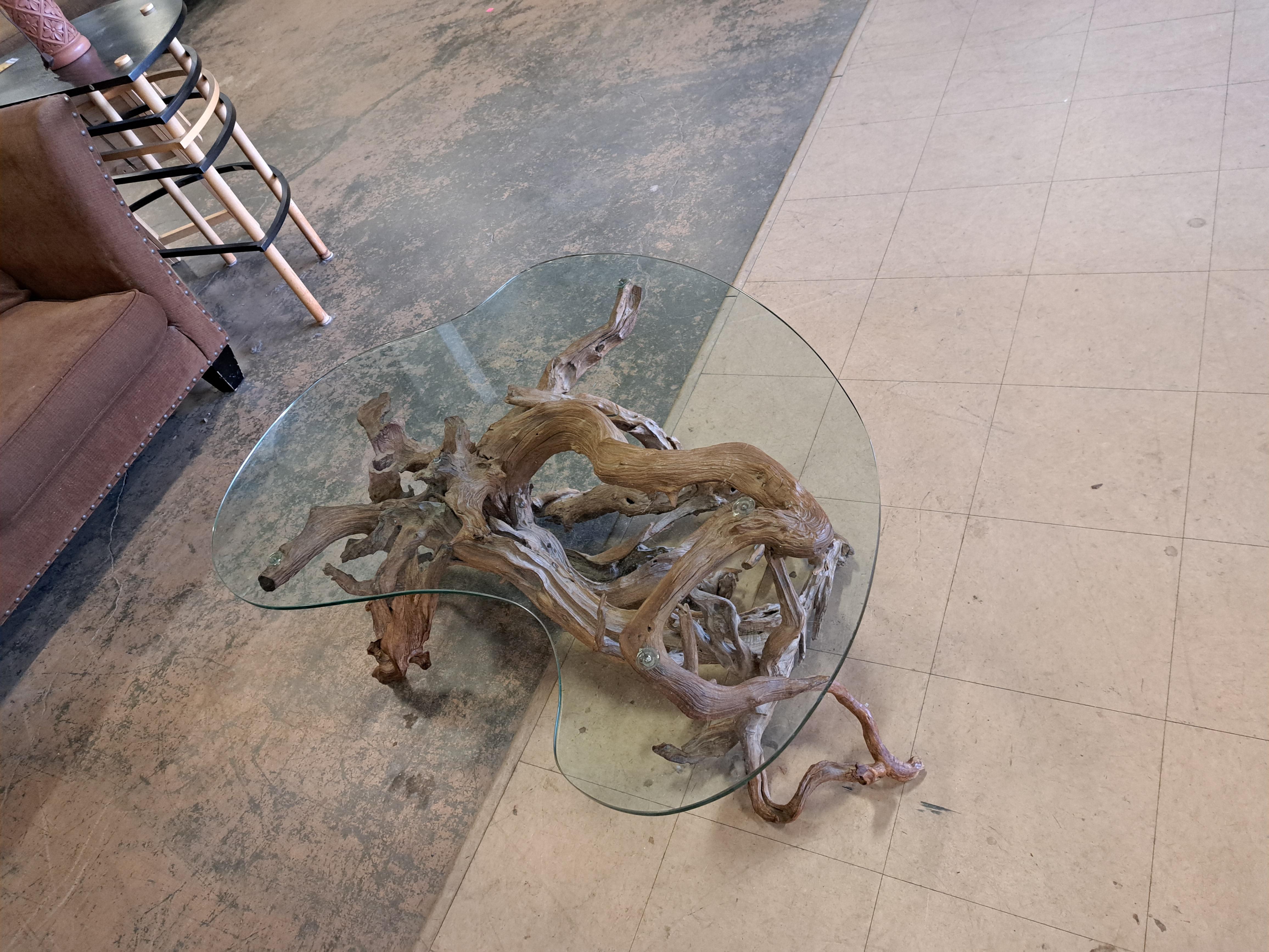 Brutalist Free Form Burlwood Root Coffee Table with Custom Cut Glass Top In Good Condition For Sale In East Freetown, MA