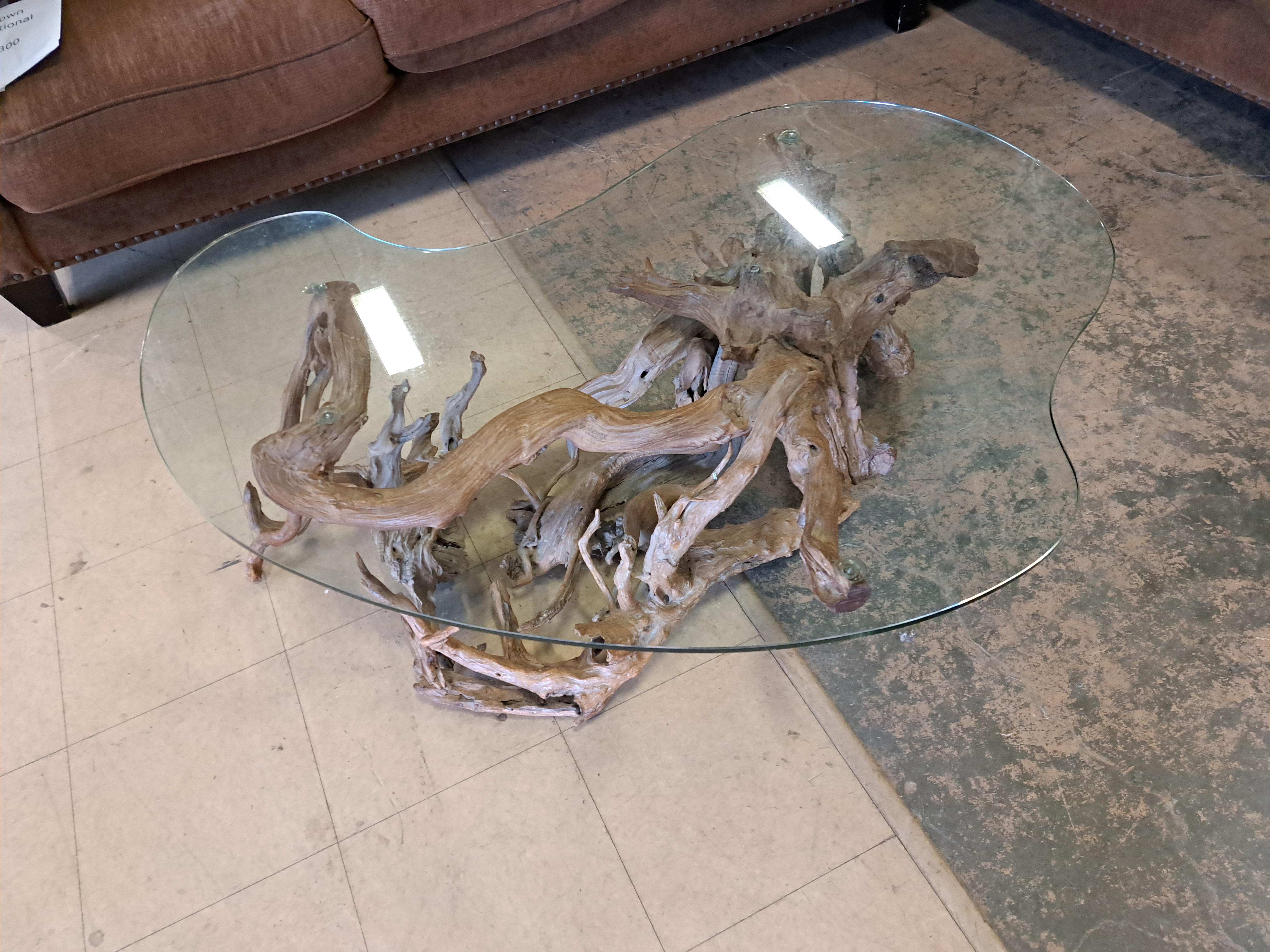 20th Century Brutalist Free Form Burlwood Root Coffee Table with Custom Cut Glass Top For Sale