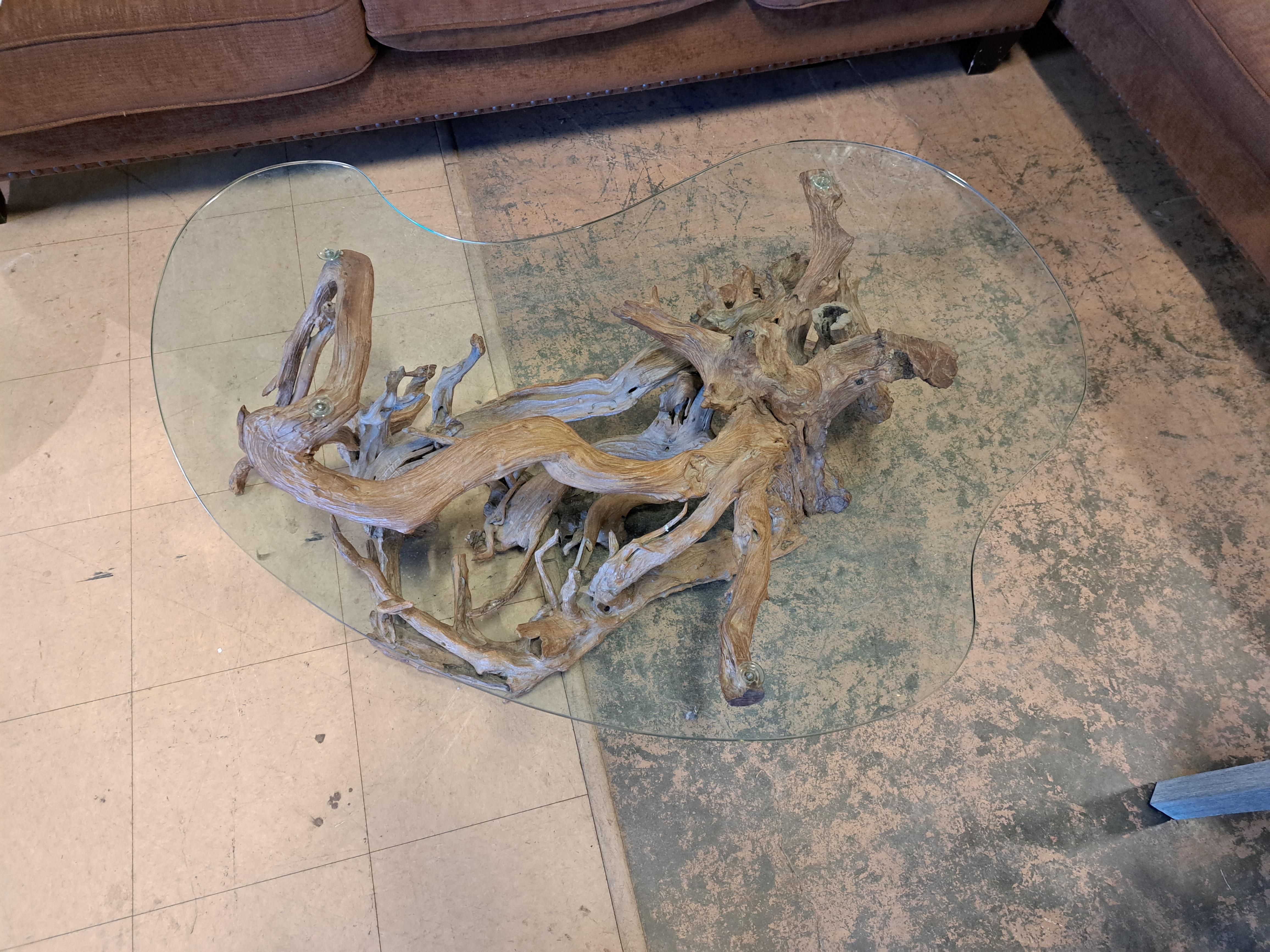 Brutalist Free Form Burlwood Root Coffee Table with Custom Cut Glass Top For Sale 1