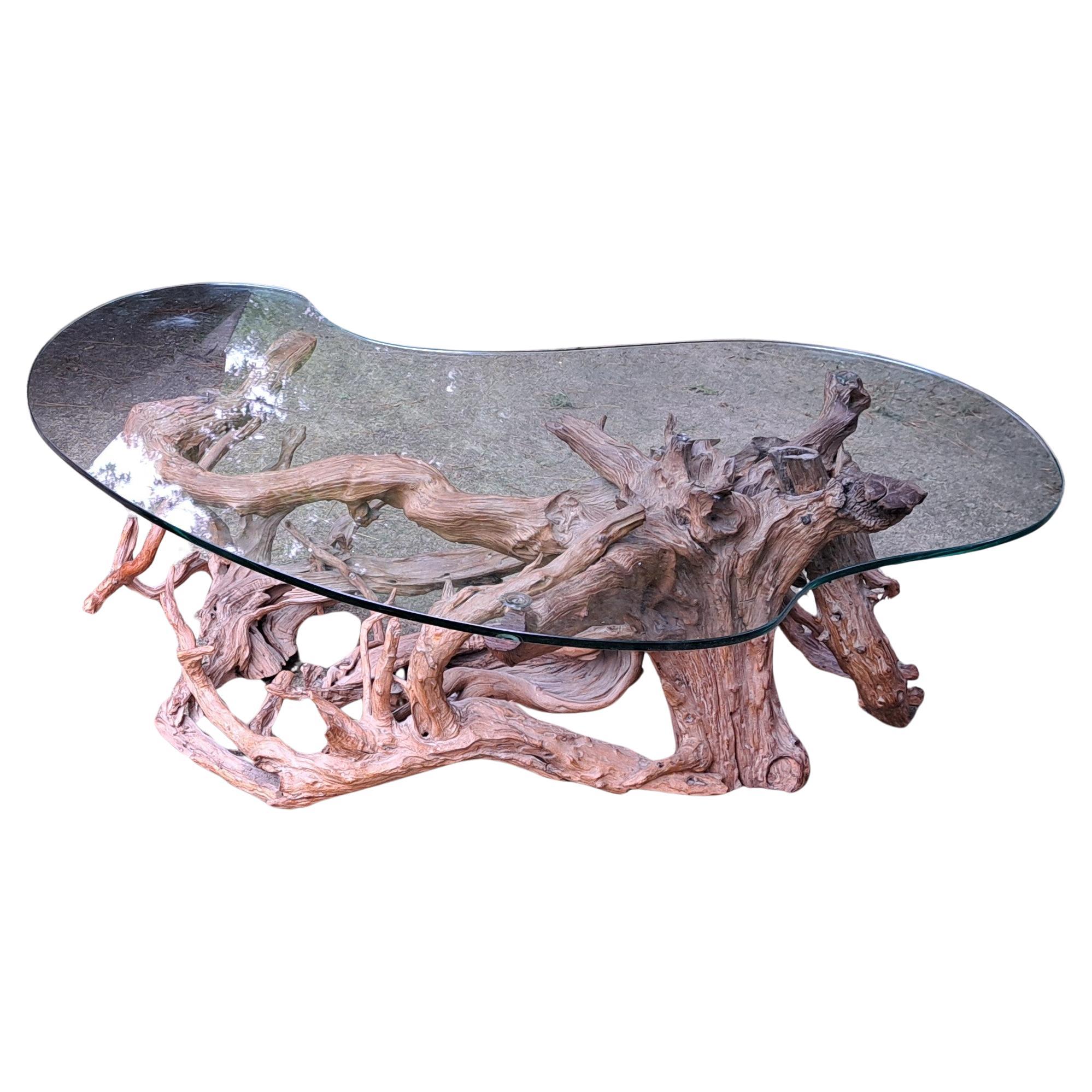 Brutalist Free Form Burlwood Root Coffee Table with Custom Cut Glass Top