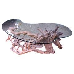 Brutalist Free Form Burlwood Root Coffee Table with Custom Cut Glass Top