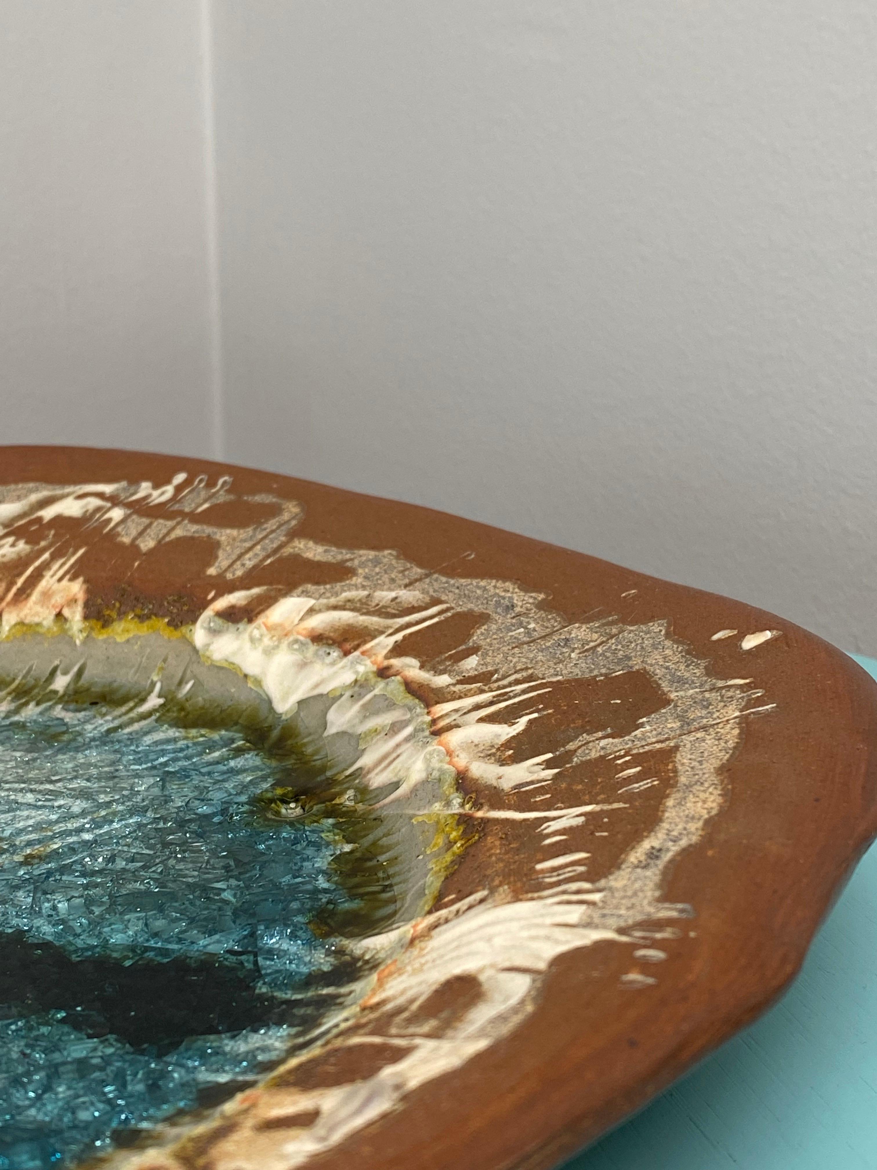 Brutalist Freeform Earthenware Wall Plate w Turquoise Glaze For Sale 4