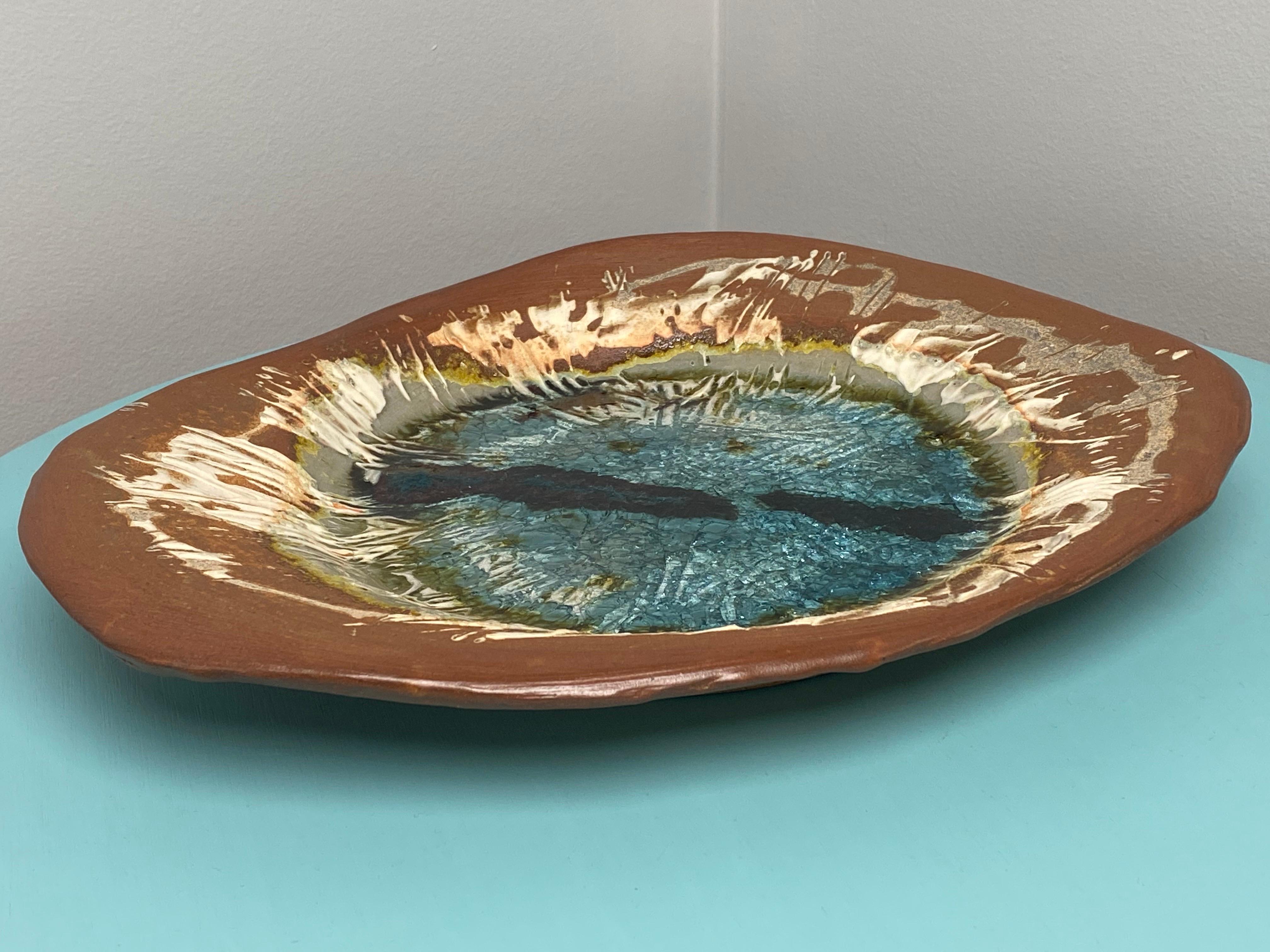 Brutalist Freeform Earthenware Wall Plate w Turquoise Glaze For Sale 6