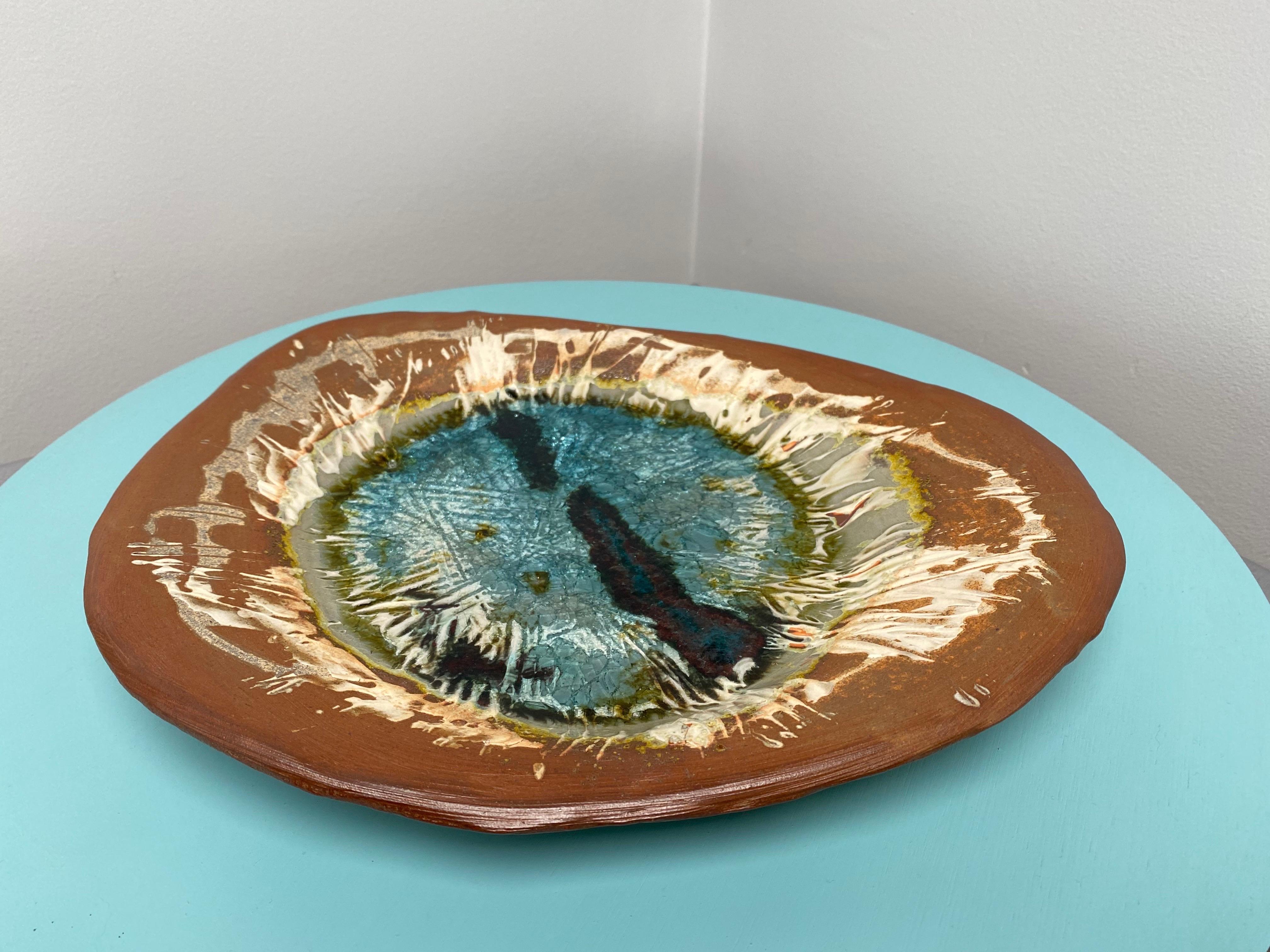 Brutalist Freeform Earthenware Wall Plate w Turquoise Glaze For Sale 8