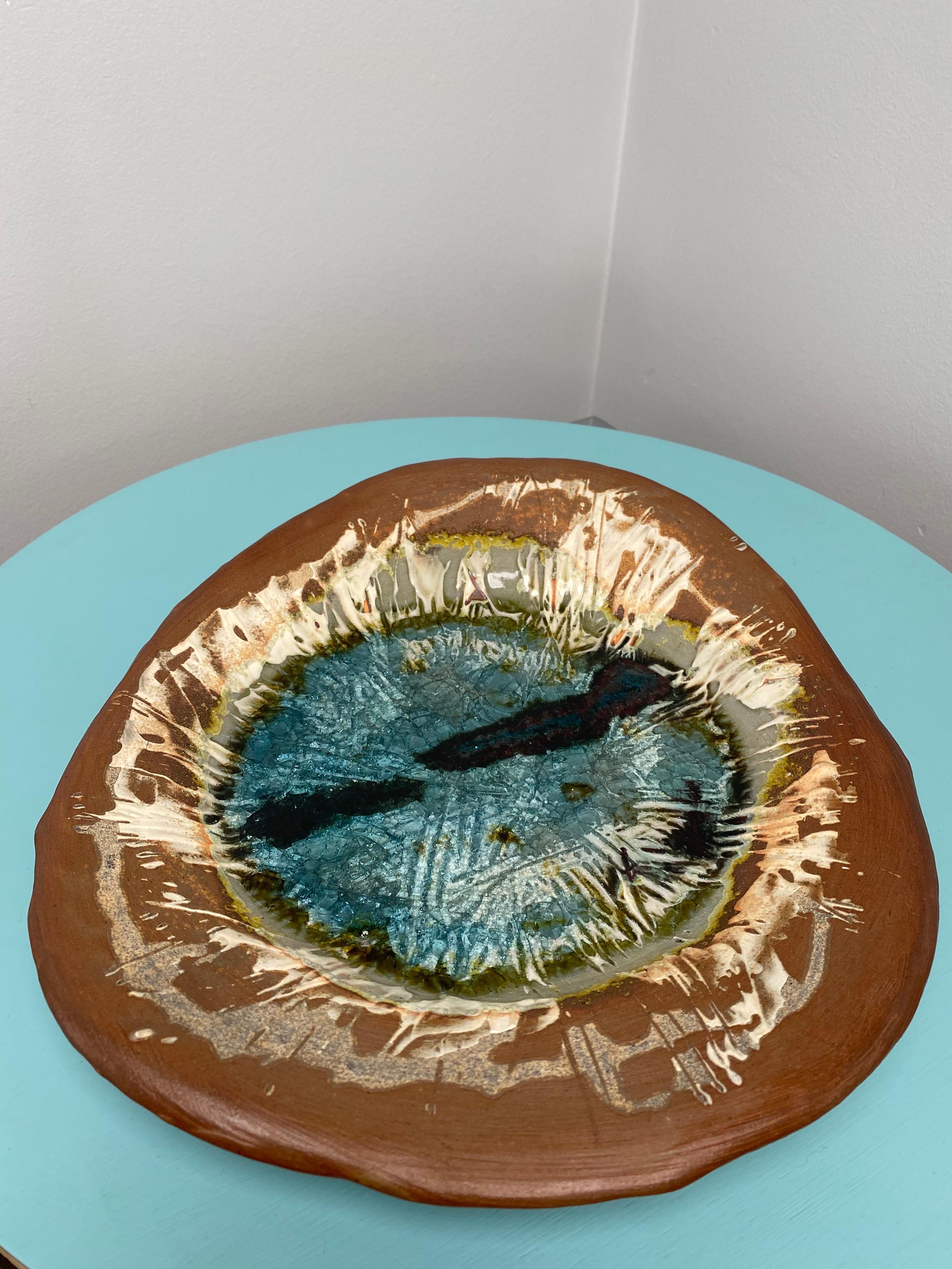 Australian Brutalist Freeform Earthenware Wall Plate w Turquoise Glaze For Sale