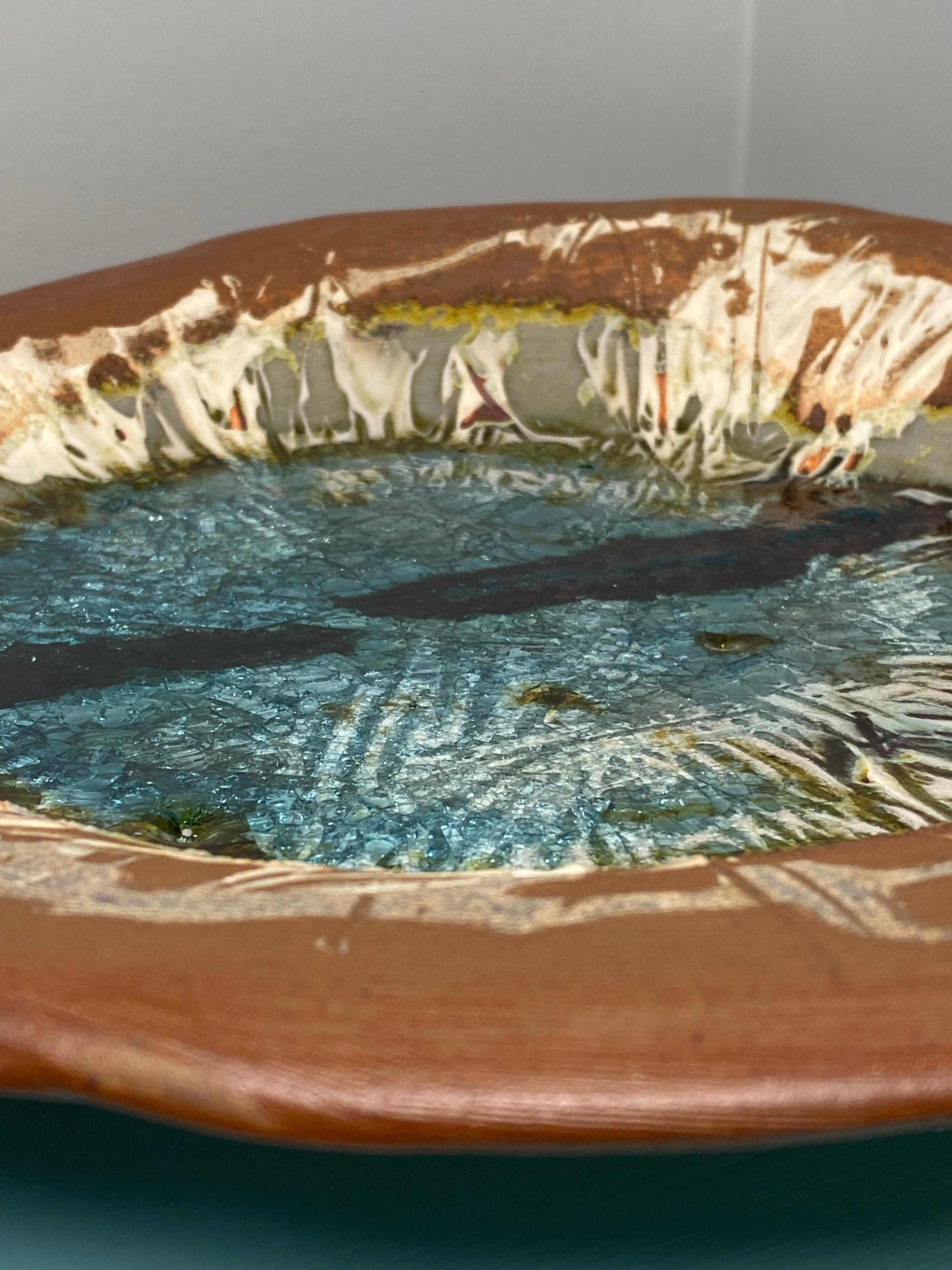 Brutalist Freeform Earthenware Wall Plate w Turquoise Glaze For Sale 3
