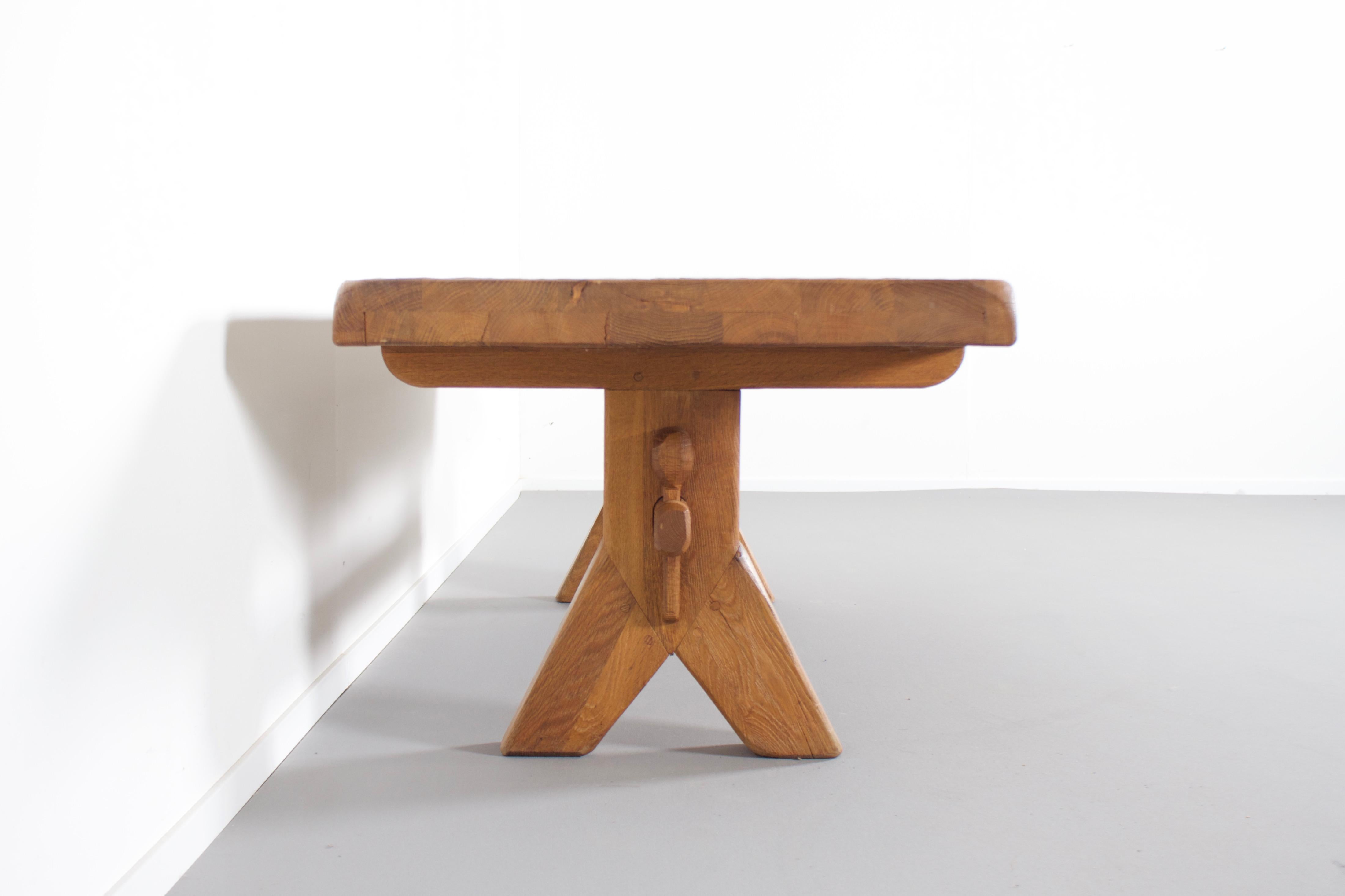 20th Century Brutalist French Artisan Console / Coffee Table in Solid Oak, 1960s