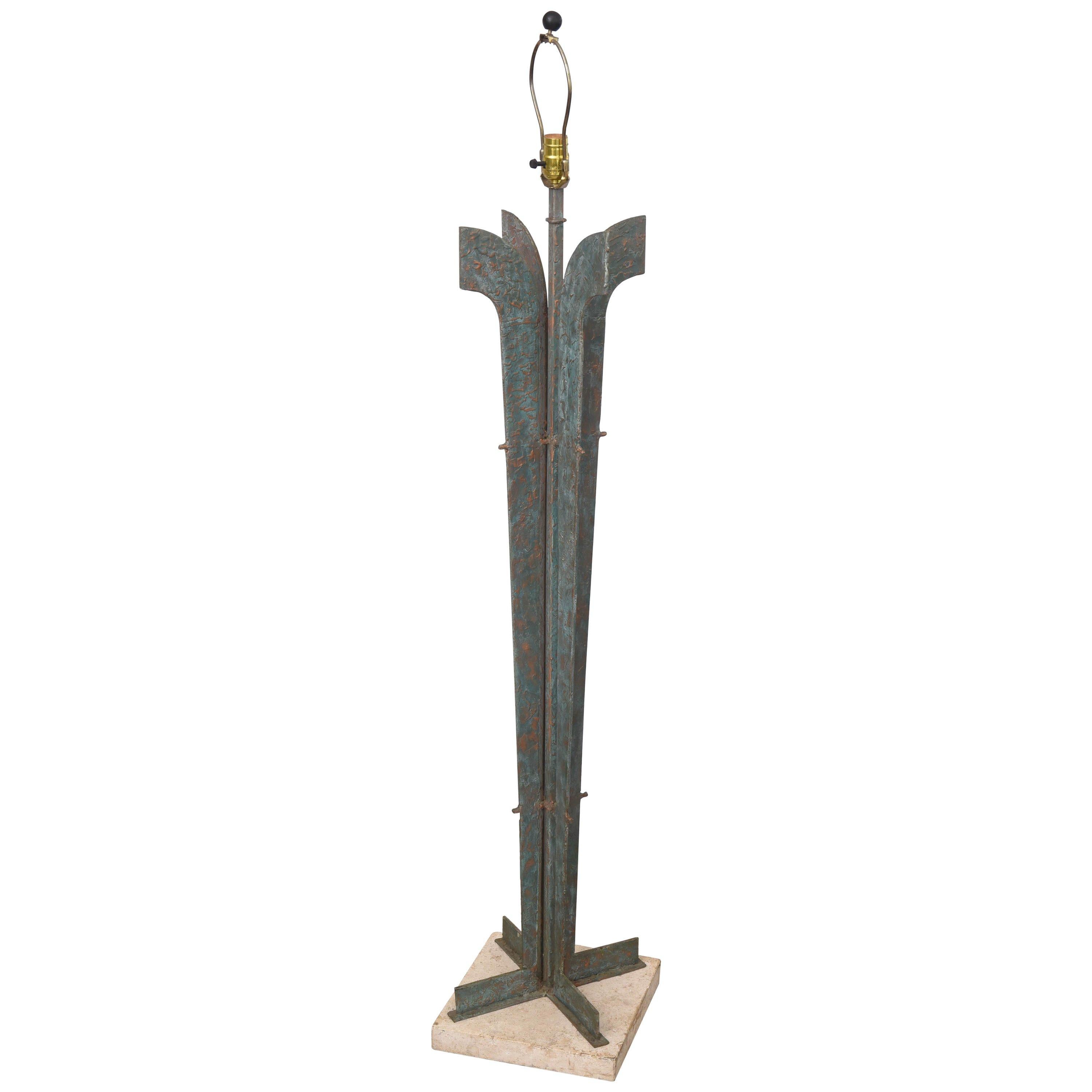 Brutalist French Bronze, Iron and Stone Floor Lamp, 1970s France For Sale