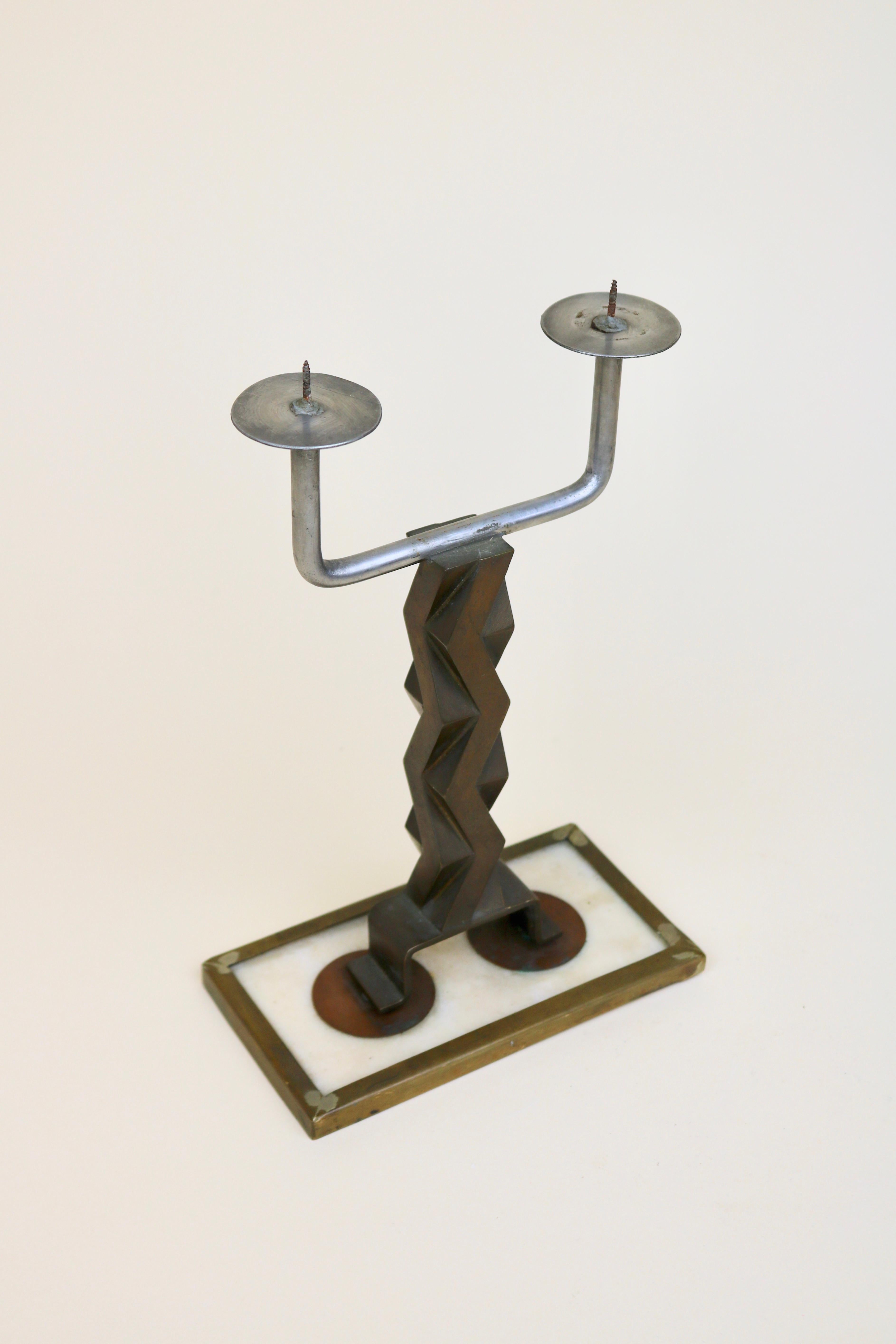 Brutalist French Candlestick Pair with Zig Zag Design In Good Condition For Sale In Leeds, GB
