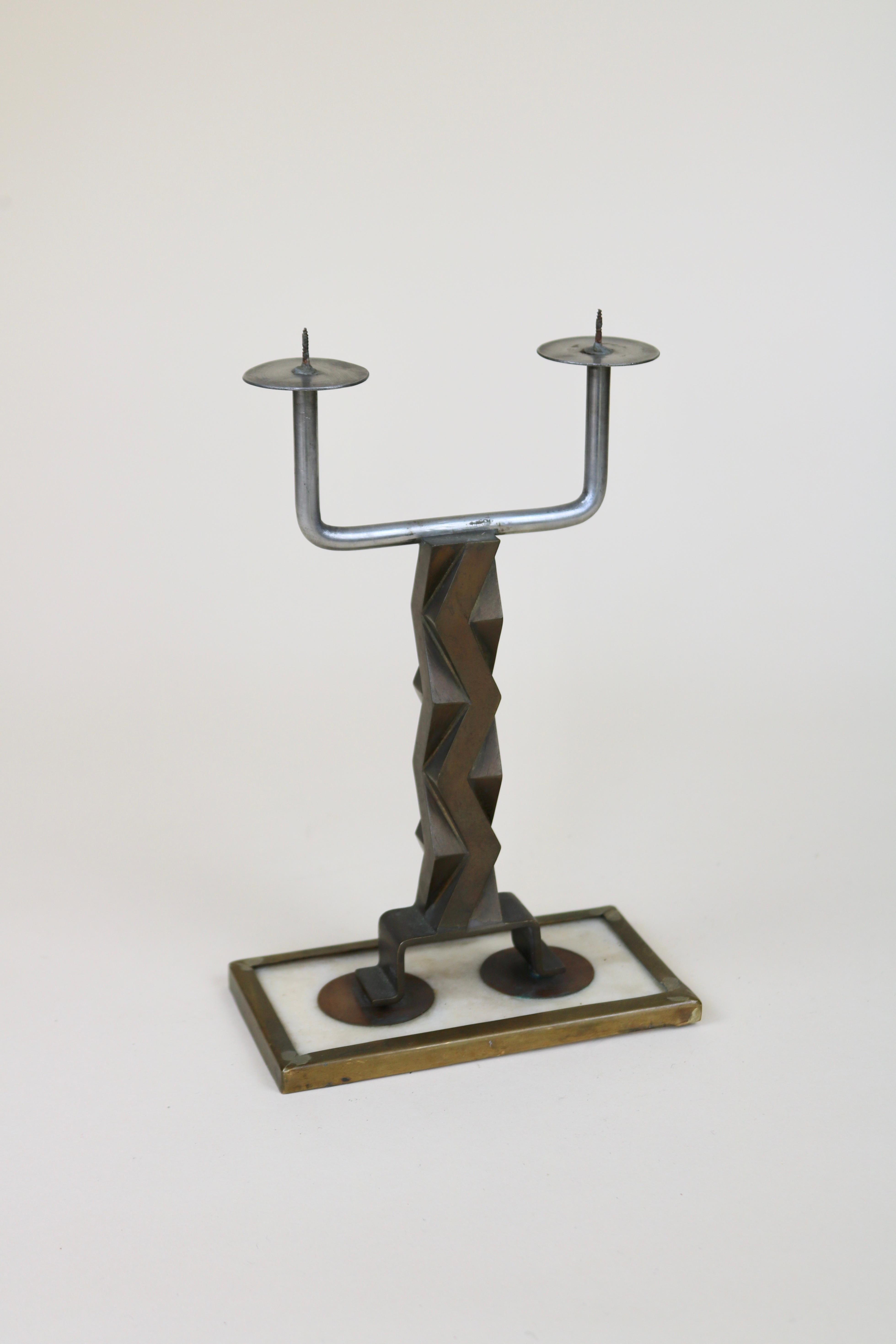 Brutalist French Candlestick Pair with Zig Zag Design For Sale 1