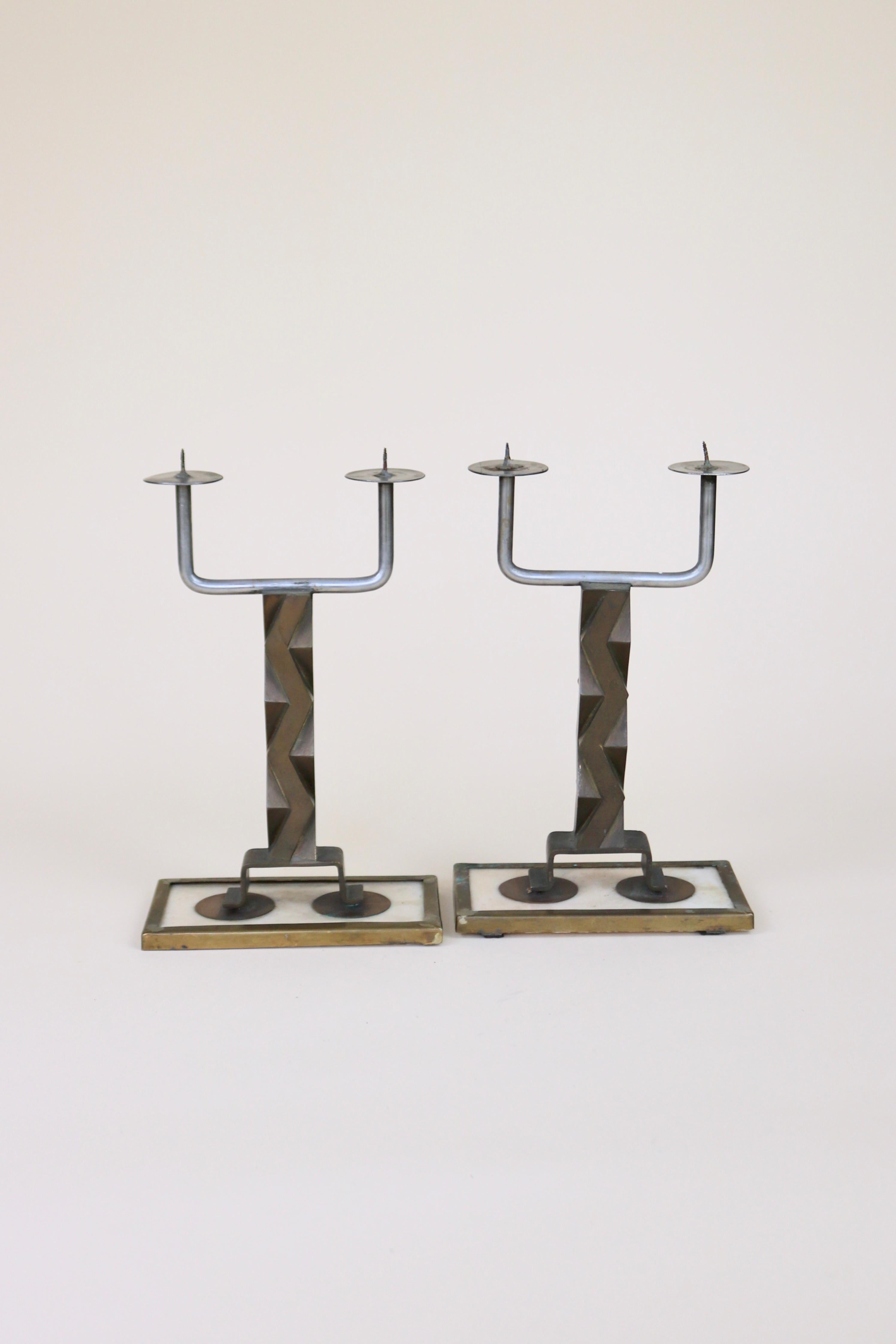 Brutalist French Candlestick Pair with Zig Zag Design For Sale 2