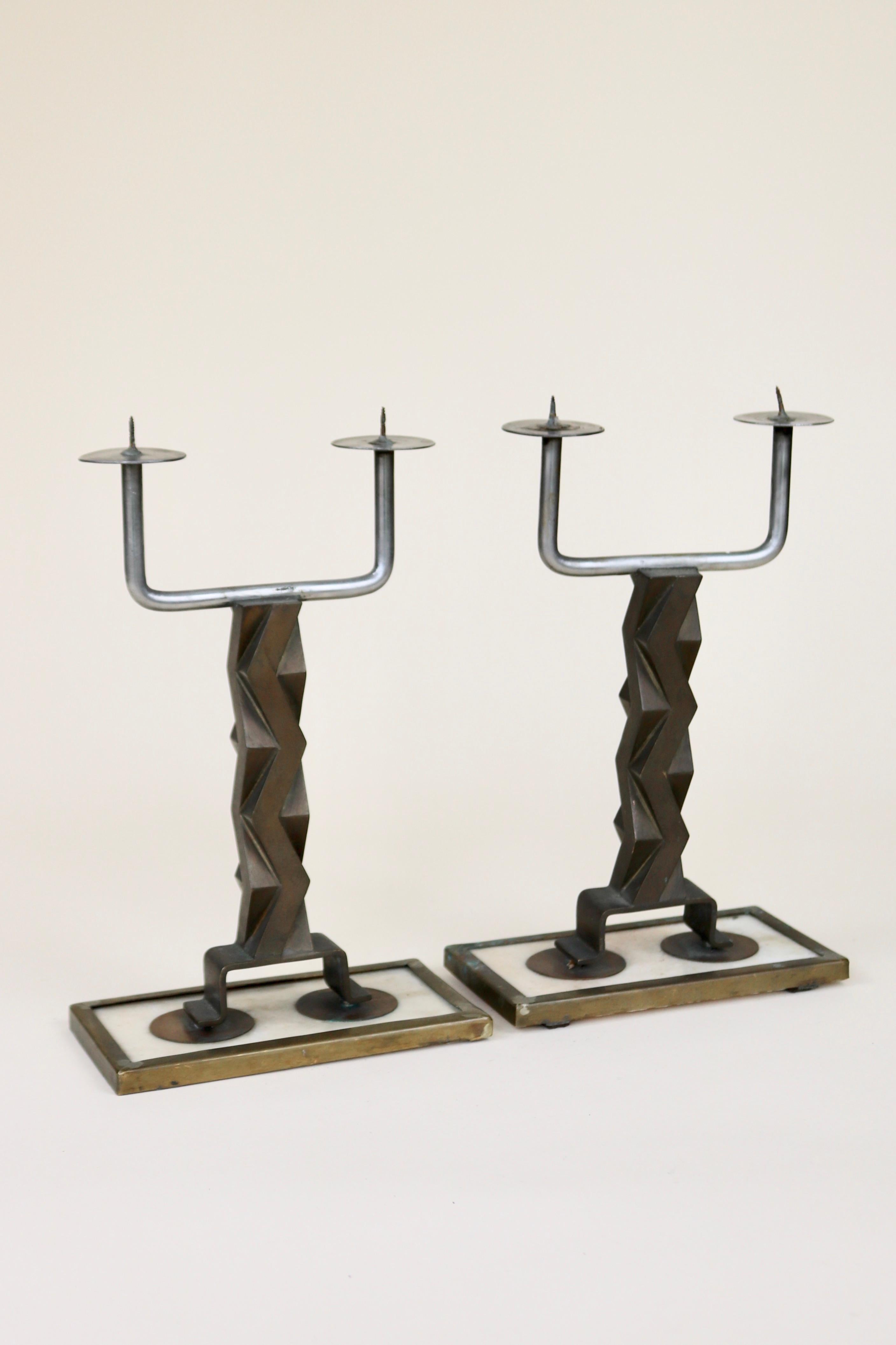 Brutalist French Candlestick Pair with Zig Zag Design For Sale 3