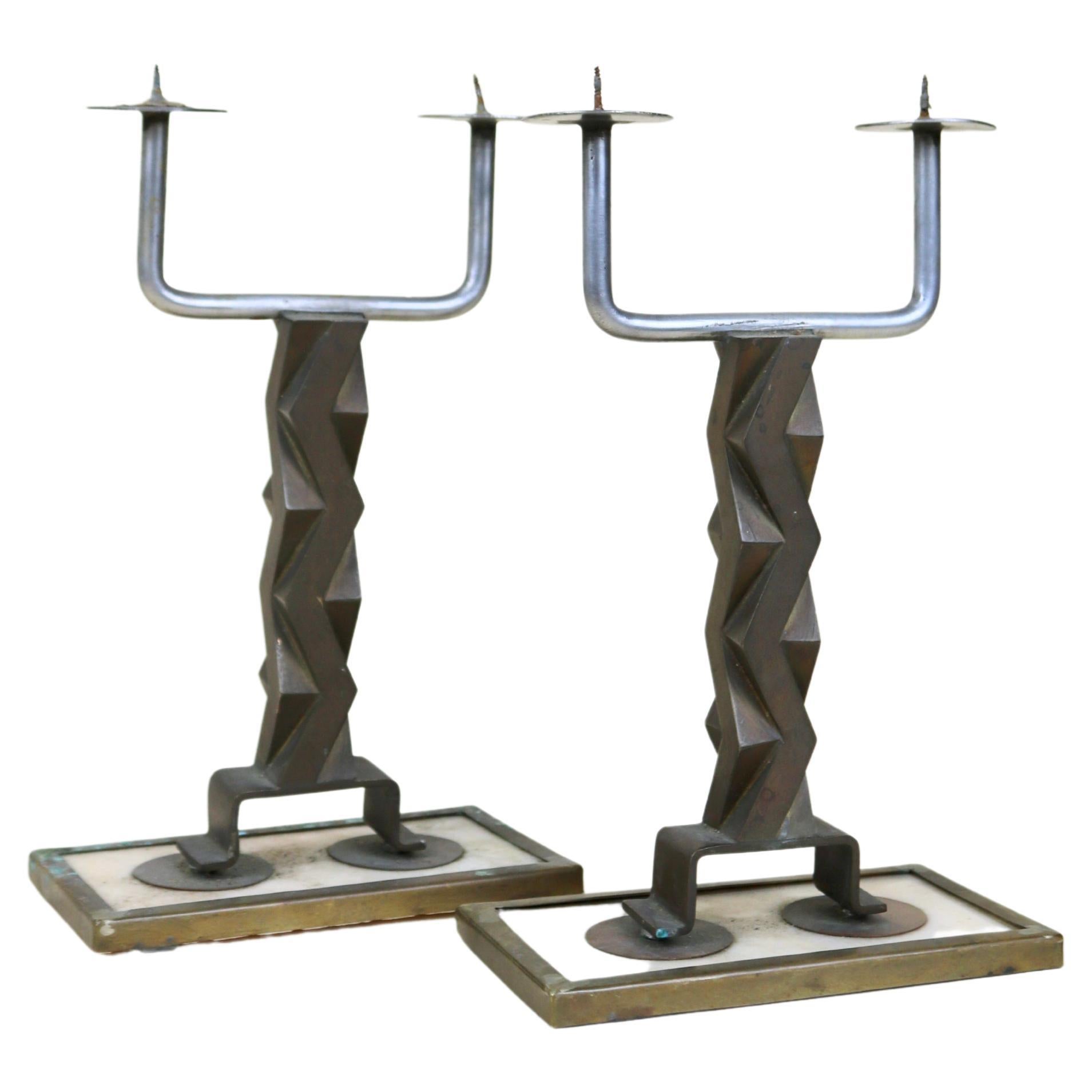Brutalist French Candlestick Pair with Zig Zag Design For Sale