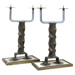 Retro Brutalist French Candlestick Pair with Zig Zag Design