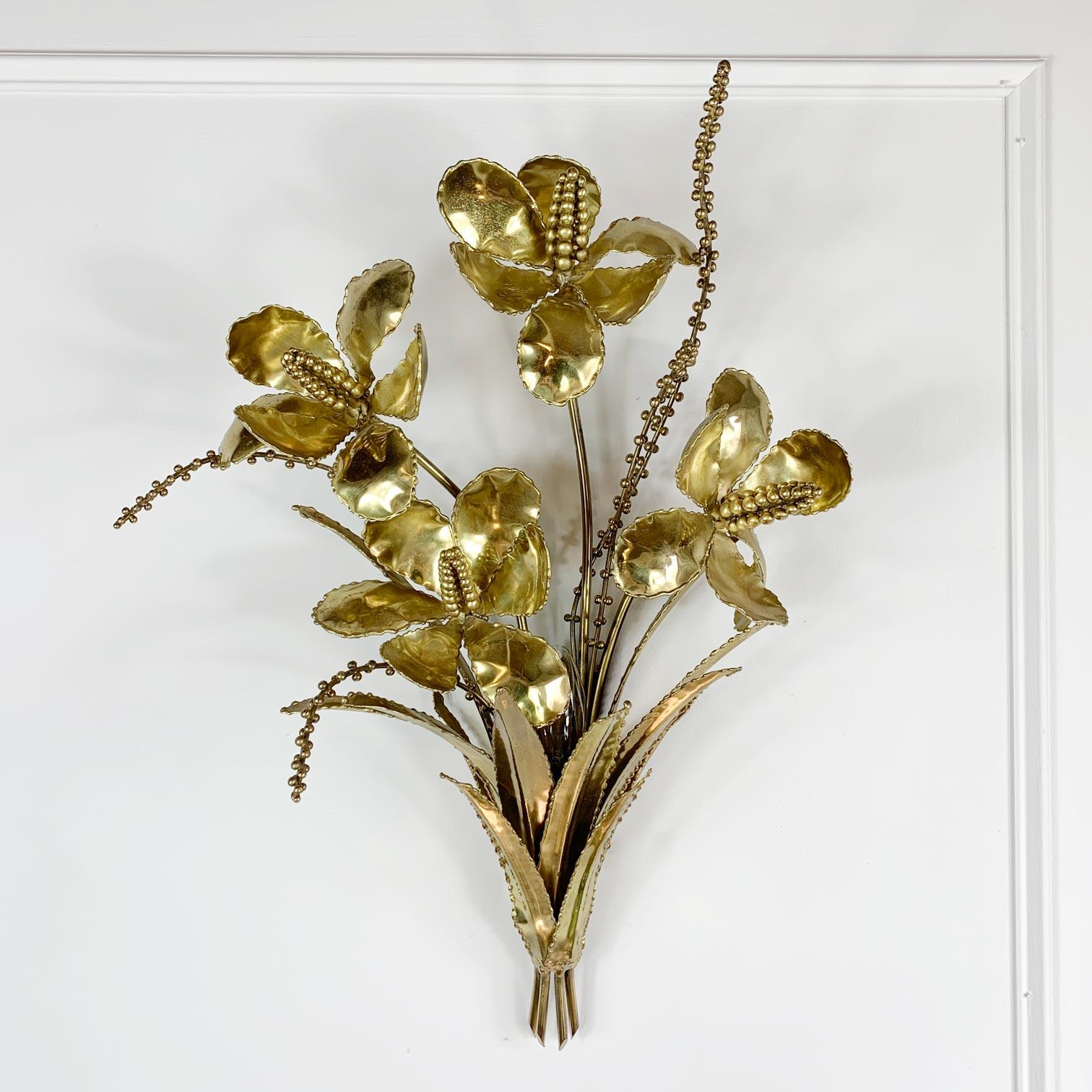 Brass Brutalist Gold French Flower Bouquet Wall Light For Sale