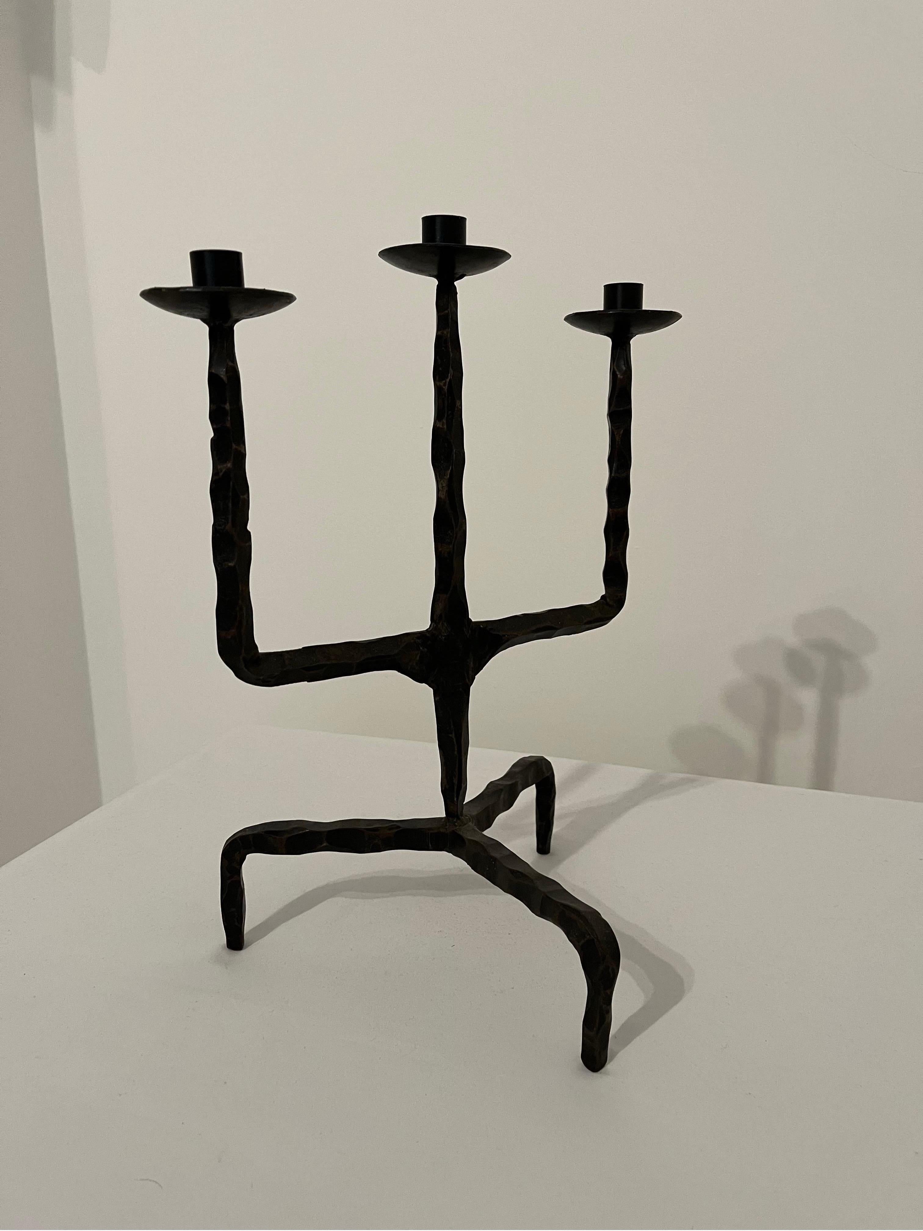 Forged Brutalist French Iron candelabra candlestick - after Marolles c1950s For Sale