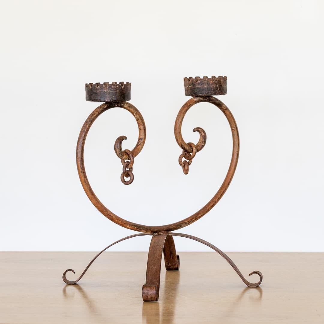 Brutalist French Iron Two-Arm Candlestick In Good Condition For Sale In Los Angeles, CA