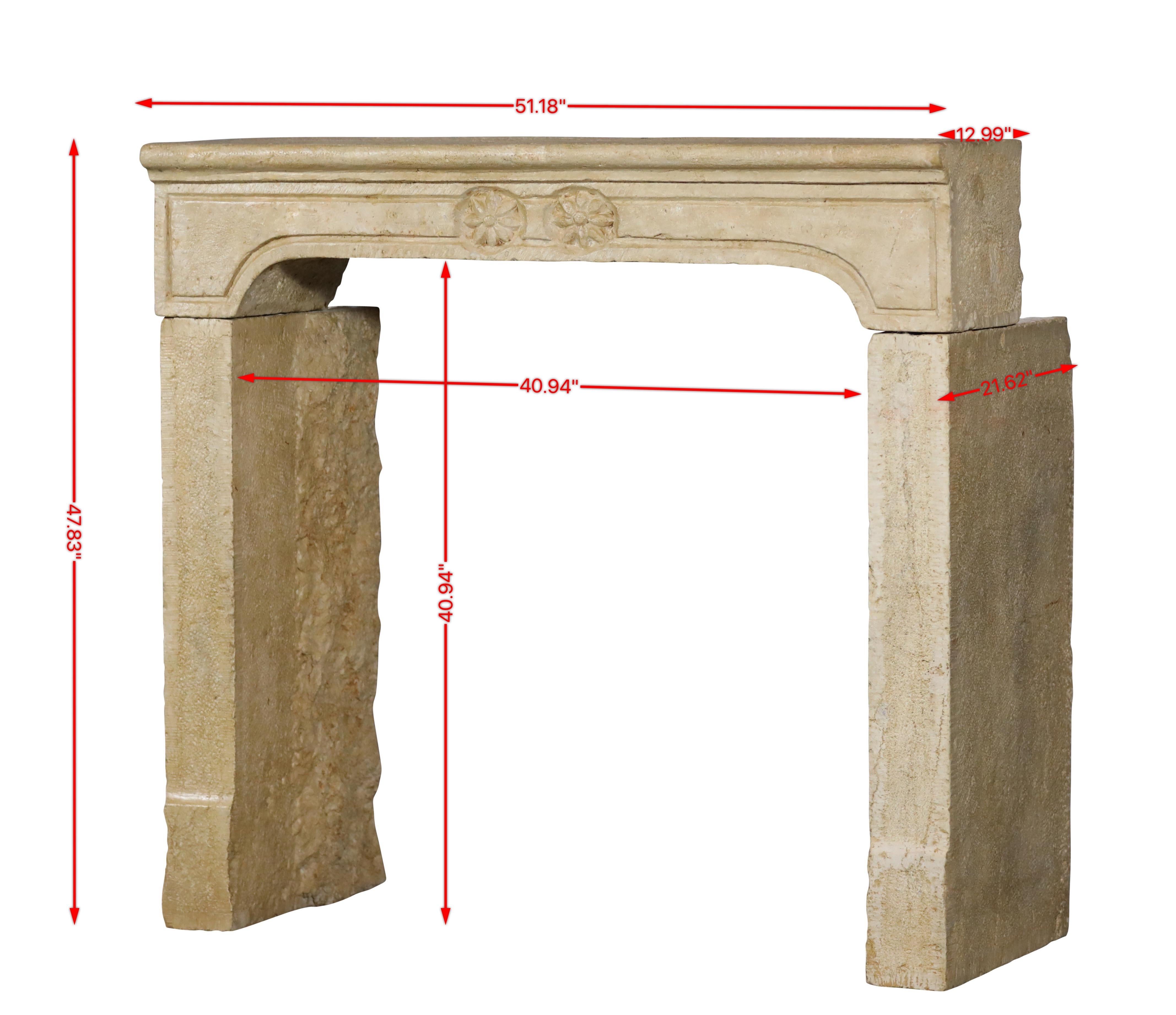 Rustic French feeling limestone fireplace surround from the 17th century.
Rare brutalist design.
Original fireplace mantle for authentic interior design.
Measurements:
130 cm Exterior Width 51,18 Inch
121,5 cm Exterior Height 47,83 Inch
104 cm