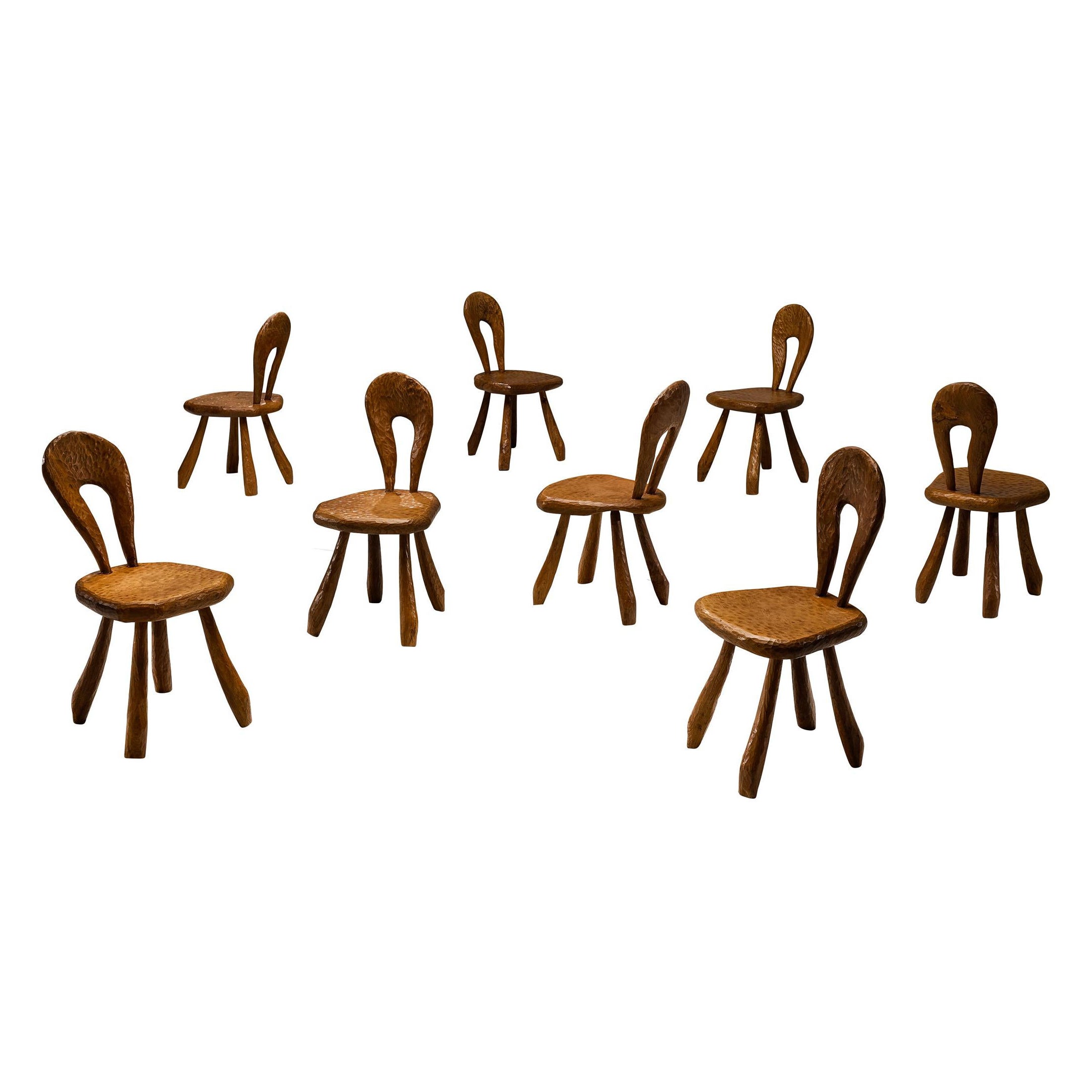 Brutalist French Set of Eight Dining Chairs in Gouge Solid Elm by Cabinetmaker