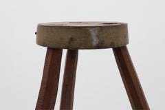 Brutalist French solid oak tripod stool with metal rim, 1850s