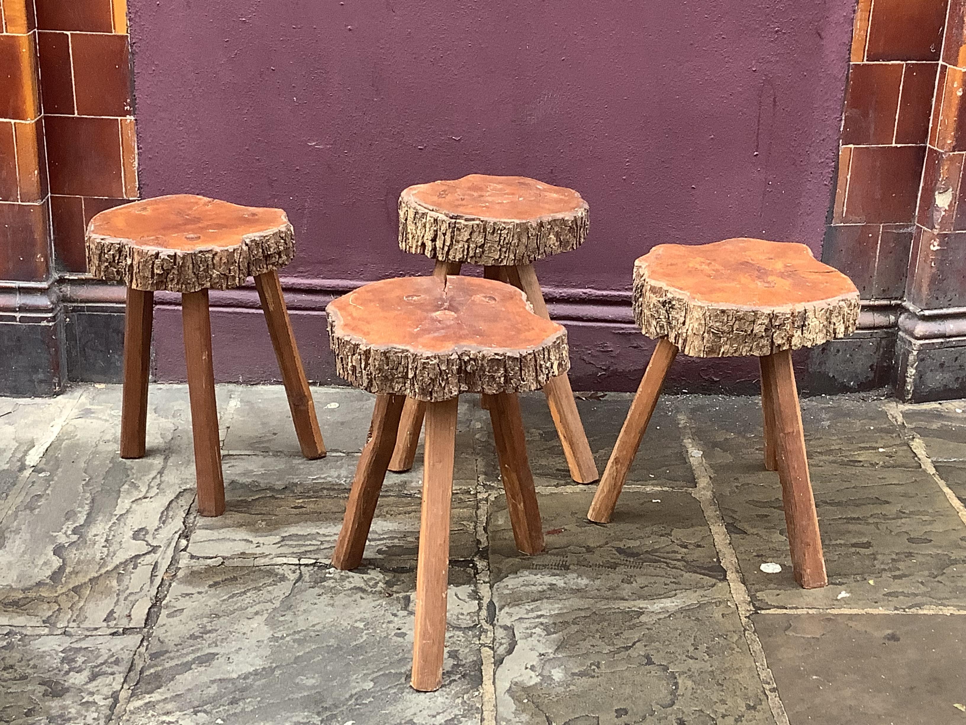 Rustic Brutalist French stools/walnut tripod table For Sale