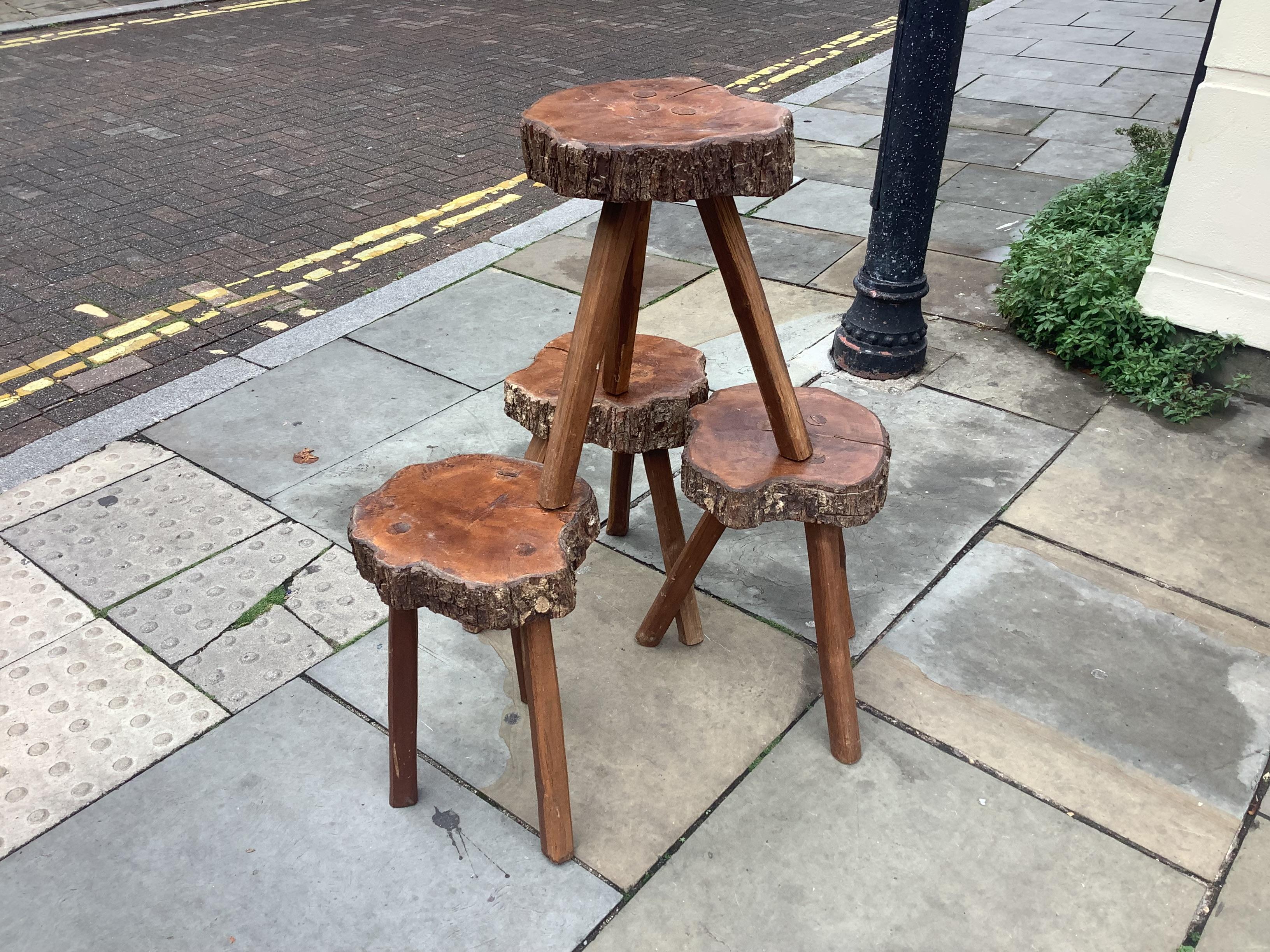 20th Century Brutalist French stools/walnut tripod table For Sale
