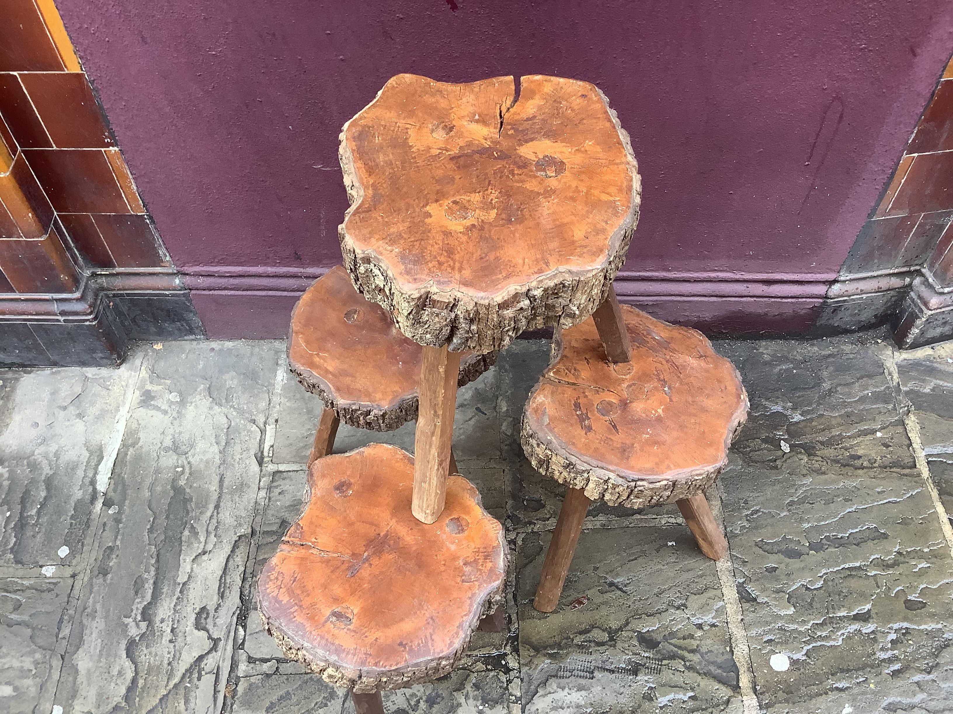 Walnut Brutalist French stools/walnut tripod table For Sale