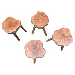 Vintage Brutalist French stools/walnut tripod table
