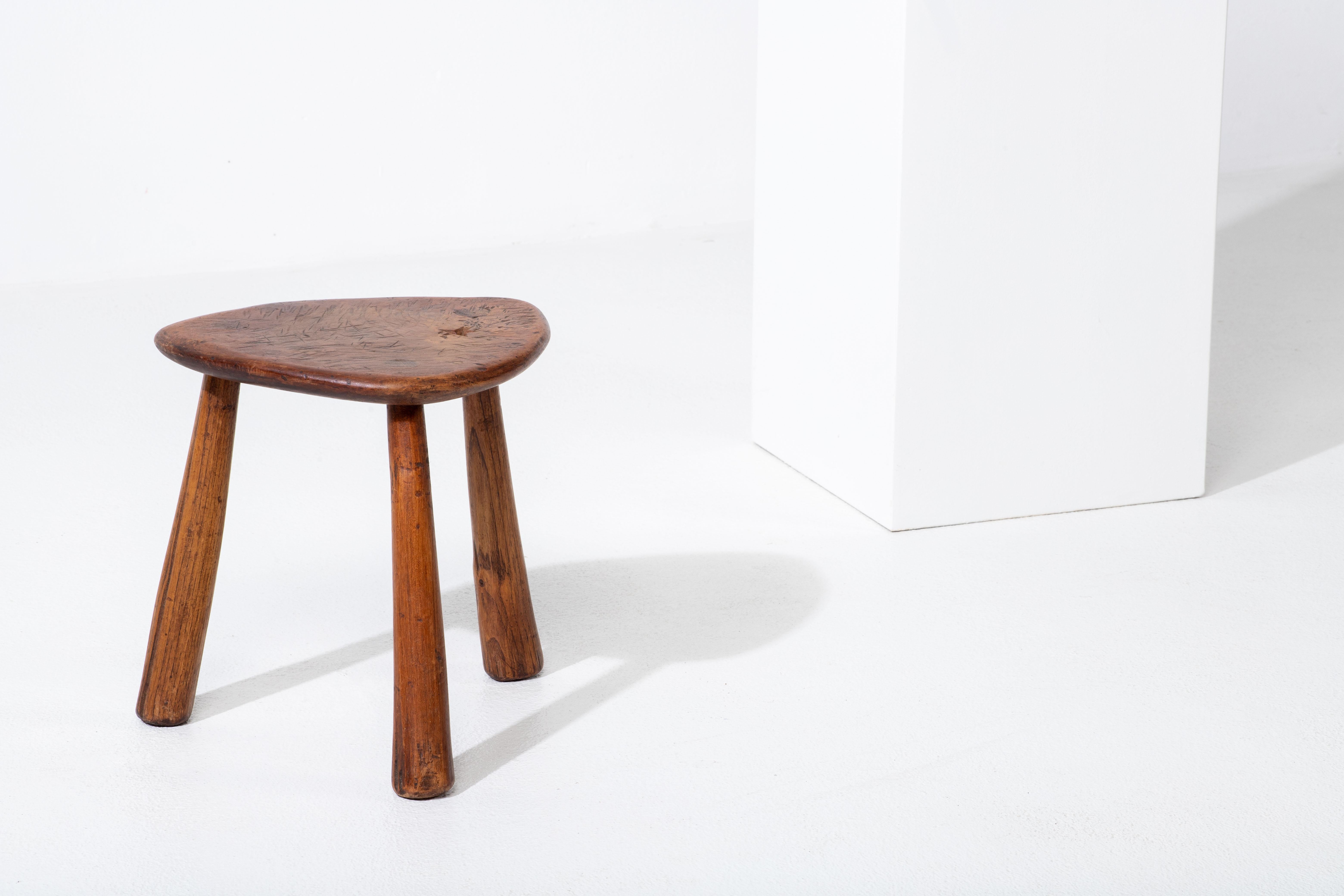 Mid-Century Modern Brutalist French Walnut Stool, Jean Touret-Inspired, 1960s For Sale