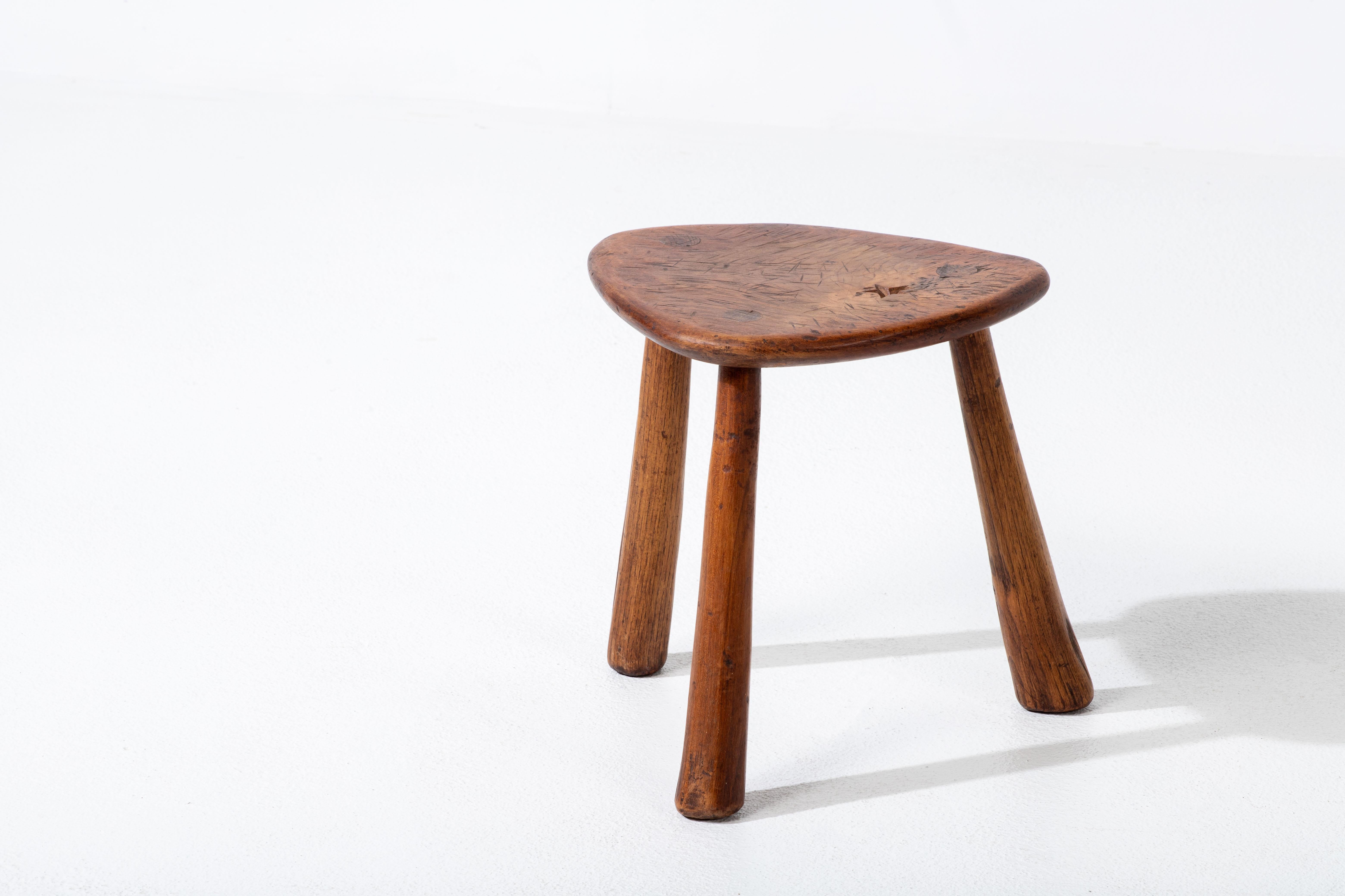 Hand-Carved Brutalist French Walnut Stool, Jean Touret-Inspired, 1960s For Sale