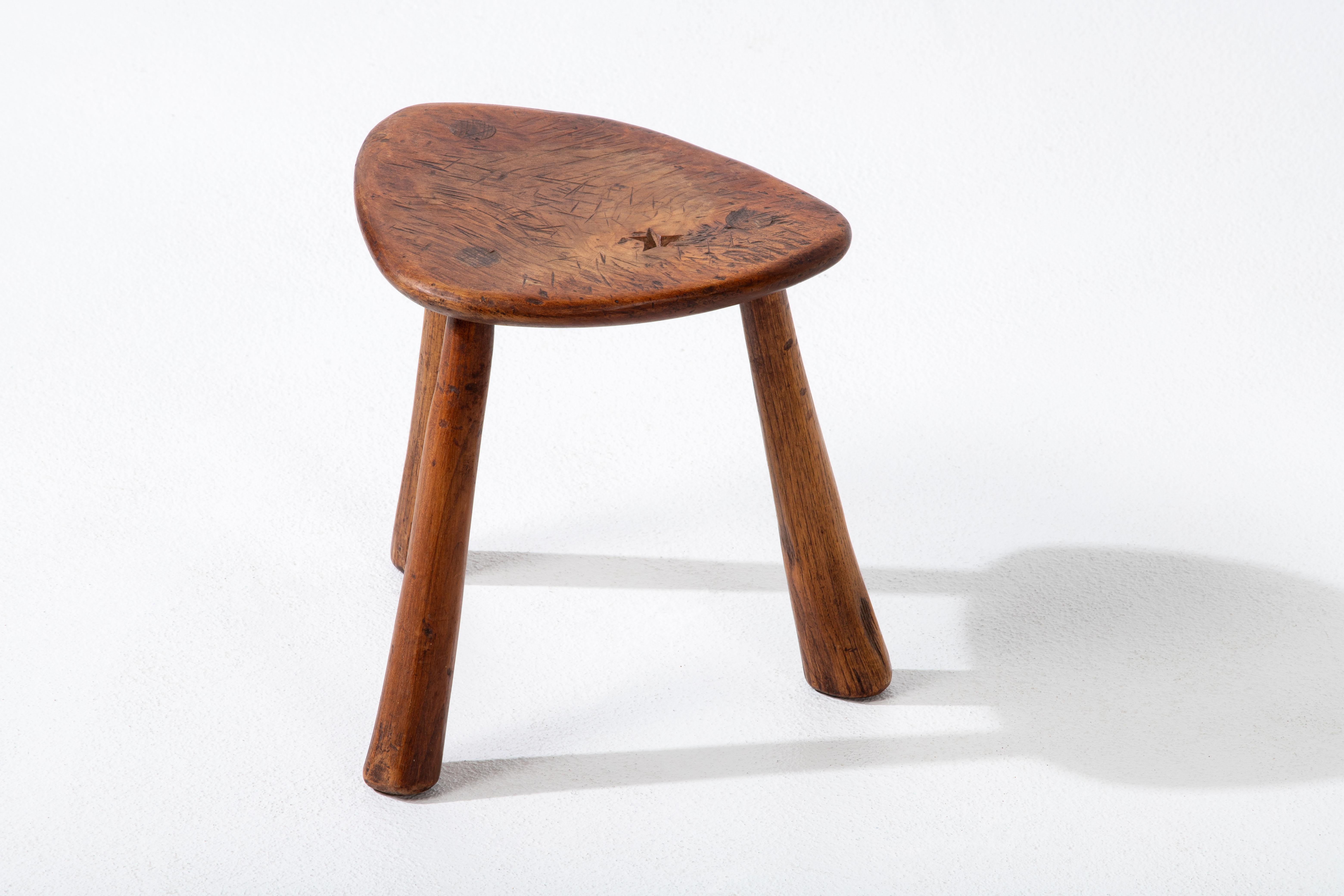 Brutalist French Walnut Stool, Jean Touret-Inspired, 1960s For Sale 1