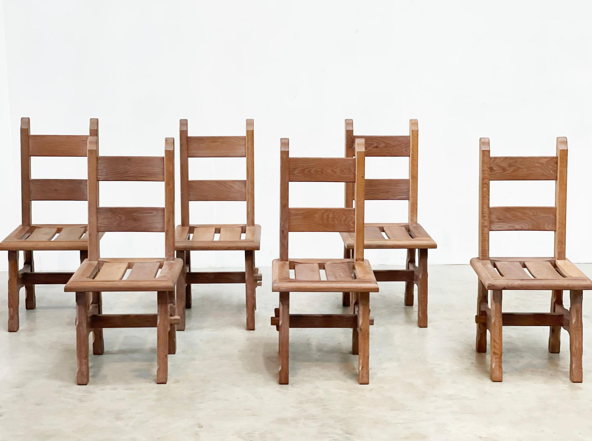 Oak Brutalist french wooden chairs For Sale
