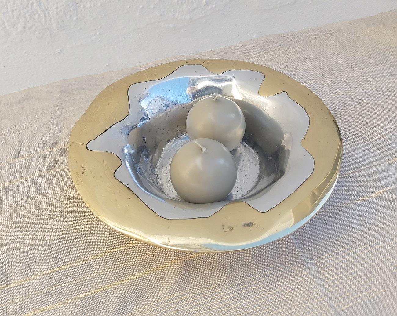 Spanish  Brutalist Fruit Sweet Bowl Decorative Tabletop Object Handmade Brass Aluminium For Sale