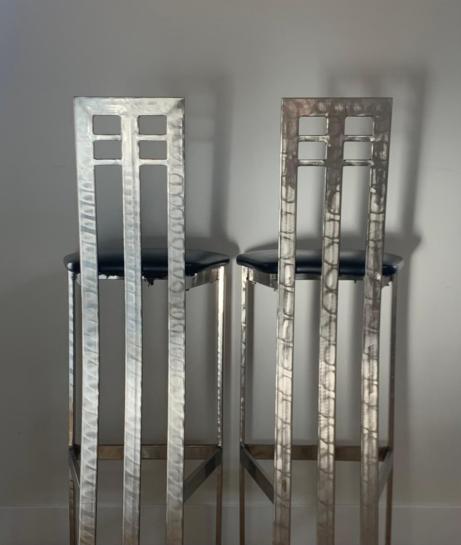 Faux Leather Brutalist / Futurist Revival Chrome Barstools, early 1990s