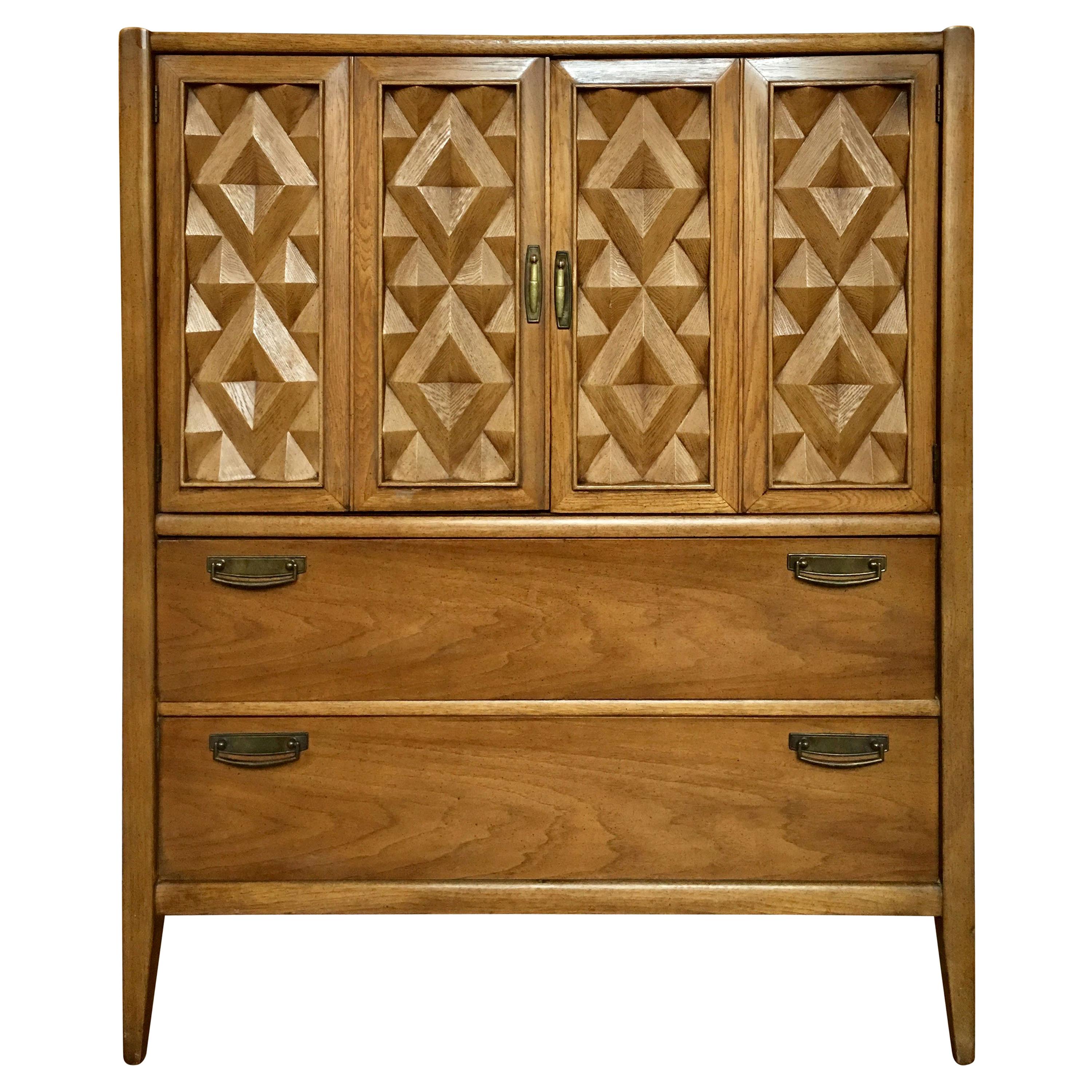 Brutalist Geometric Cubist Carved Mid-Century Modern Armoire Bar Cabinet Chest 