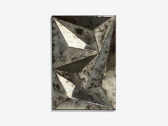 Brutalist Geometric Wall Mirror, Distressed Beveled Glass, Wood, 21st C.