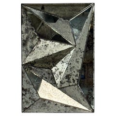Brutalist Geometric Wall Mirror, Distressed Beveled Glass, Wood, 21st C.