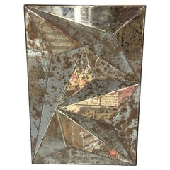 Brutalist Geometric Wall Mirror, Distressed Beveled Glass, Wood, 21st C.