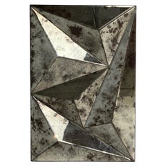 Brutalist Geometric Wall Mirror, Distressed Beveled Glass, Wood, 21st C.